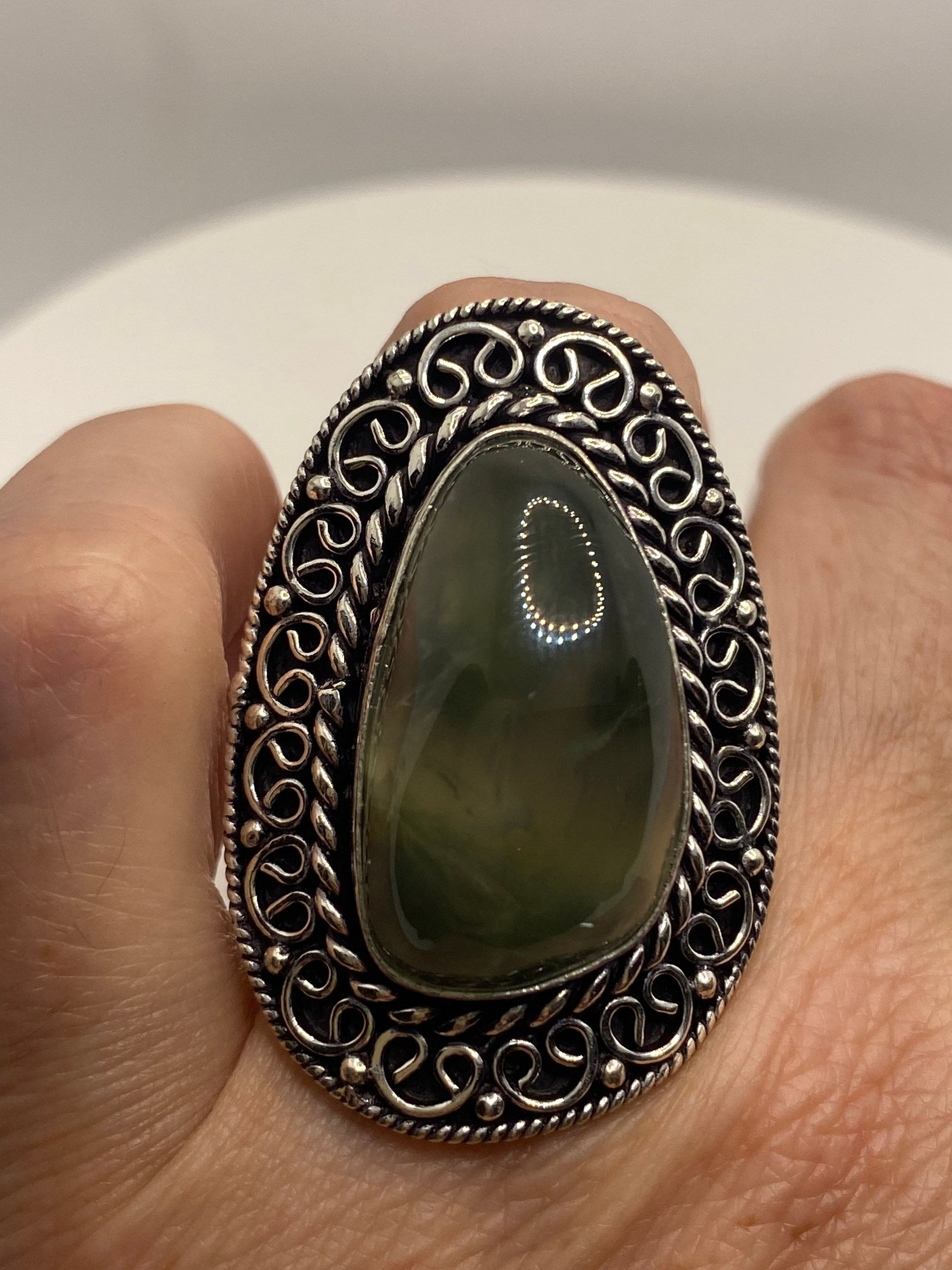 Vintage Green Moss Agate Ring Statement Cocktail Size 6