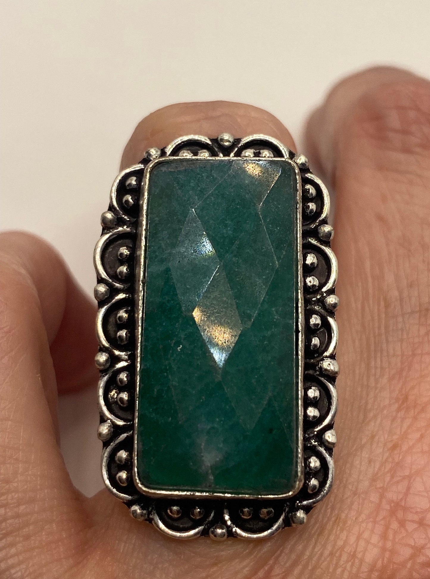 Vintage Raw Green Emerald White Bronze Silver Cocktail Ring Size 6.5