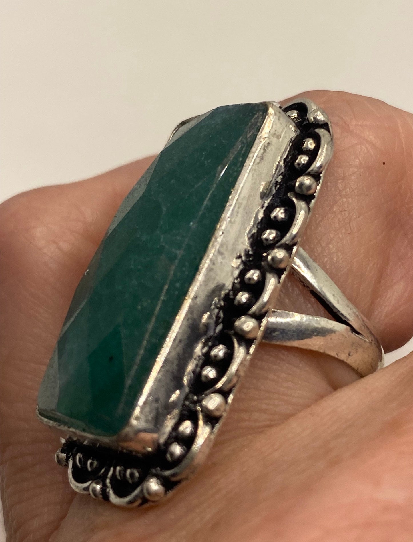 Vintage Raw Green Emerald White Bronze Silver Cocktail Ring Size 6.5