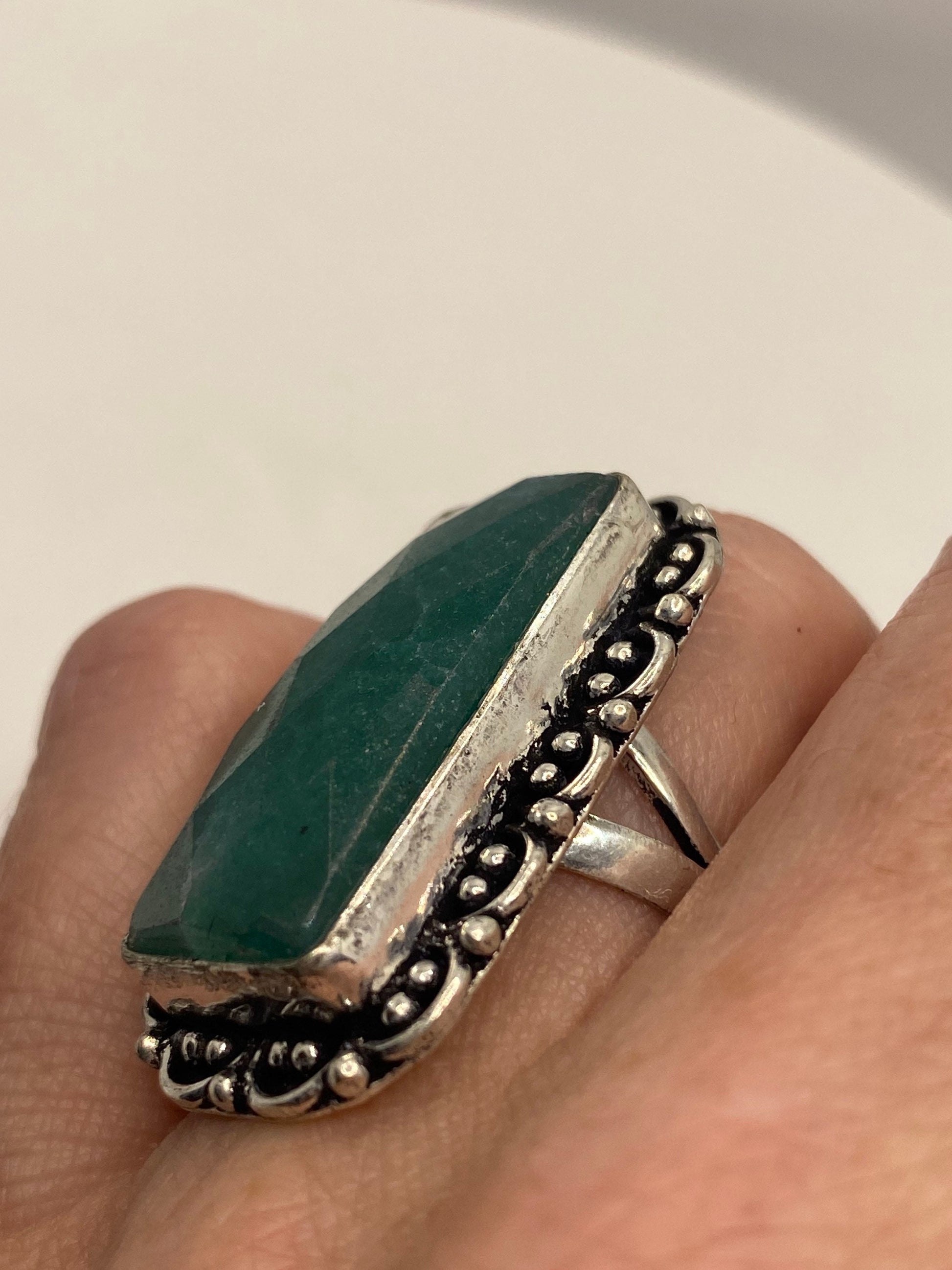 Vintage Raw Green Emerald White Bronze Silver Cocktail Ring Size 6.5