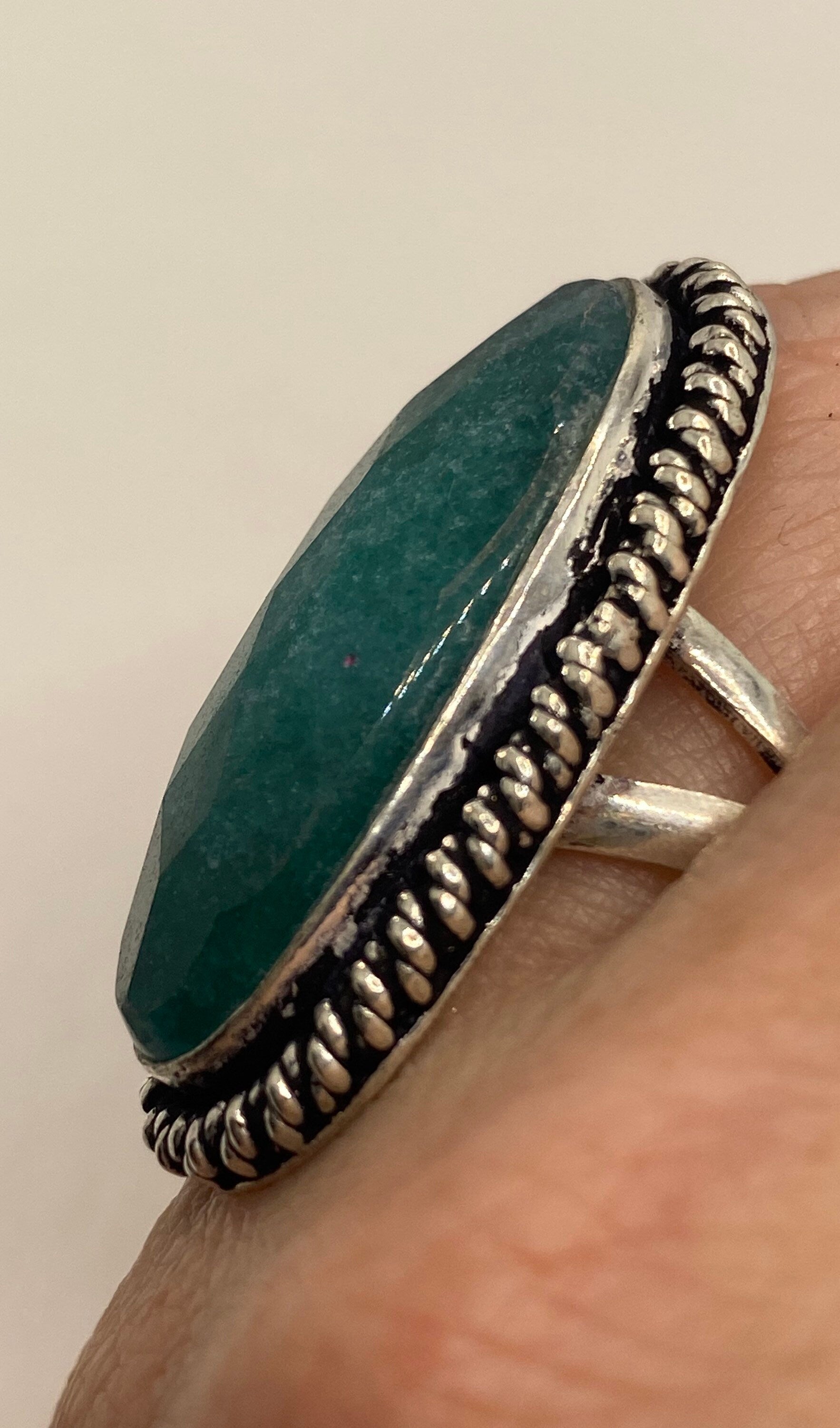 Vintage Raw Green Emerald White Bronze Silver Cocktail Ring Size 6