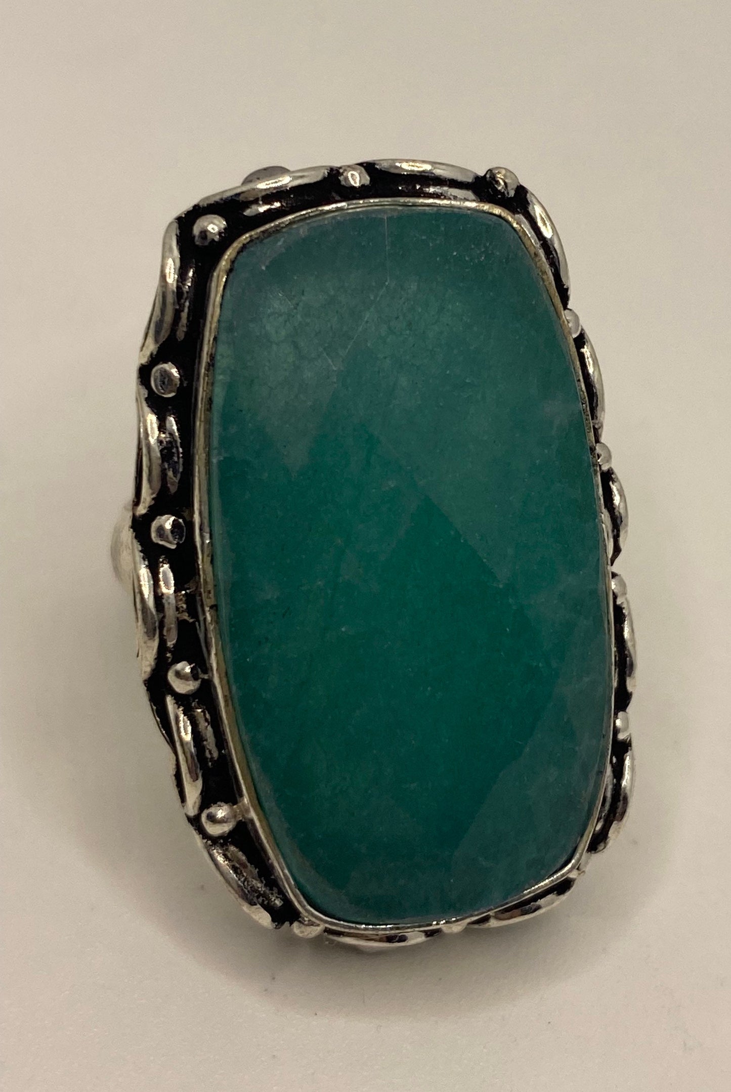 Vintage Raw Green Emerald White Bronze Silver Cocktail Ring Size 6.5