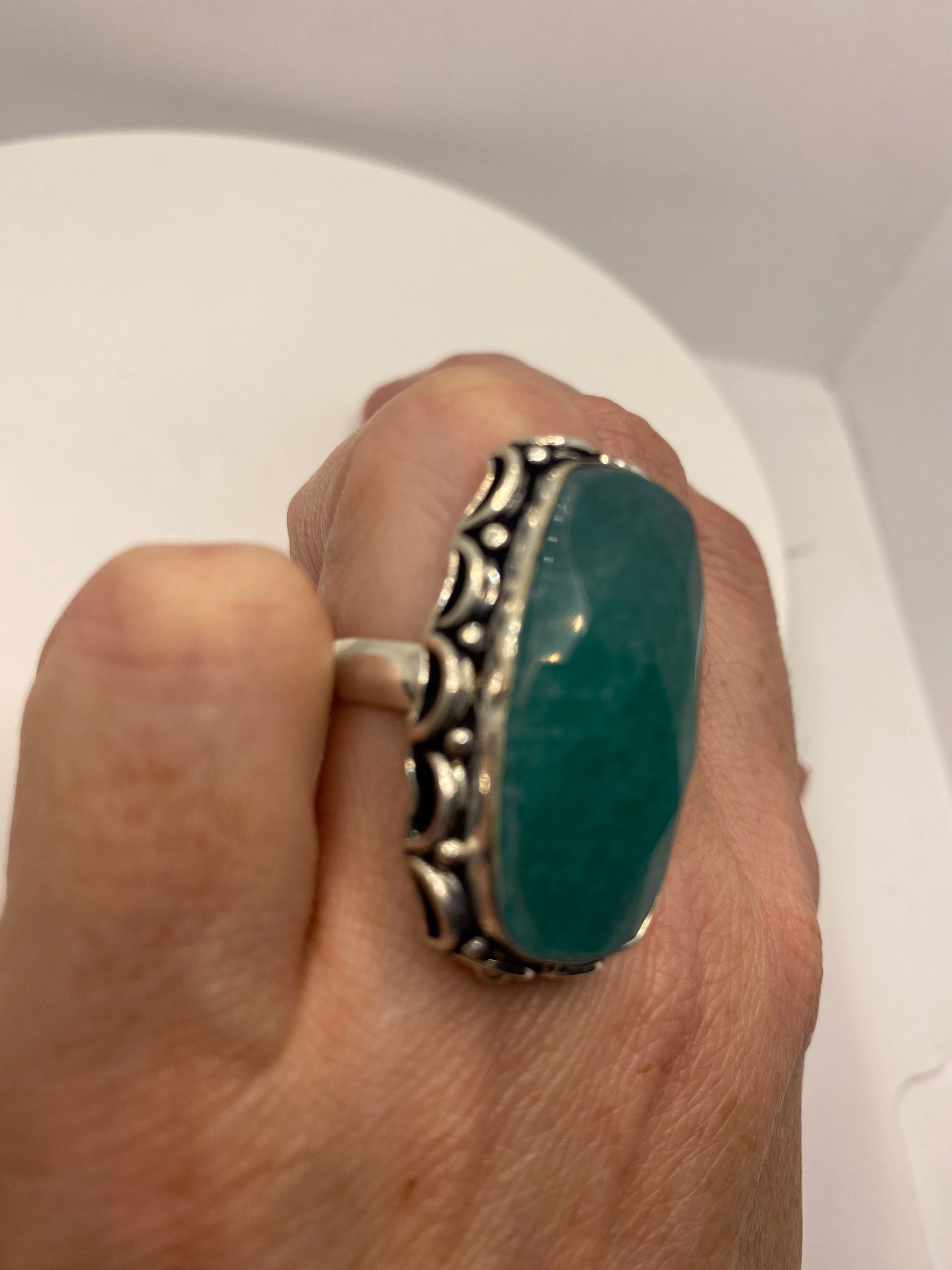 Vintage Raw Green Emerald White Bronze Silver Cocktail Ring Size 6.5