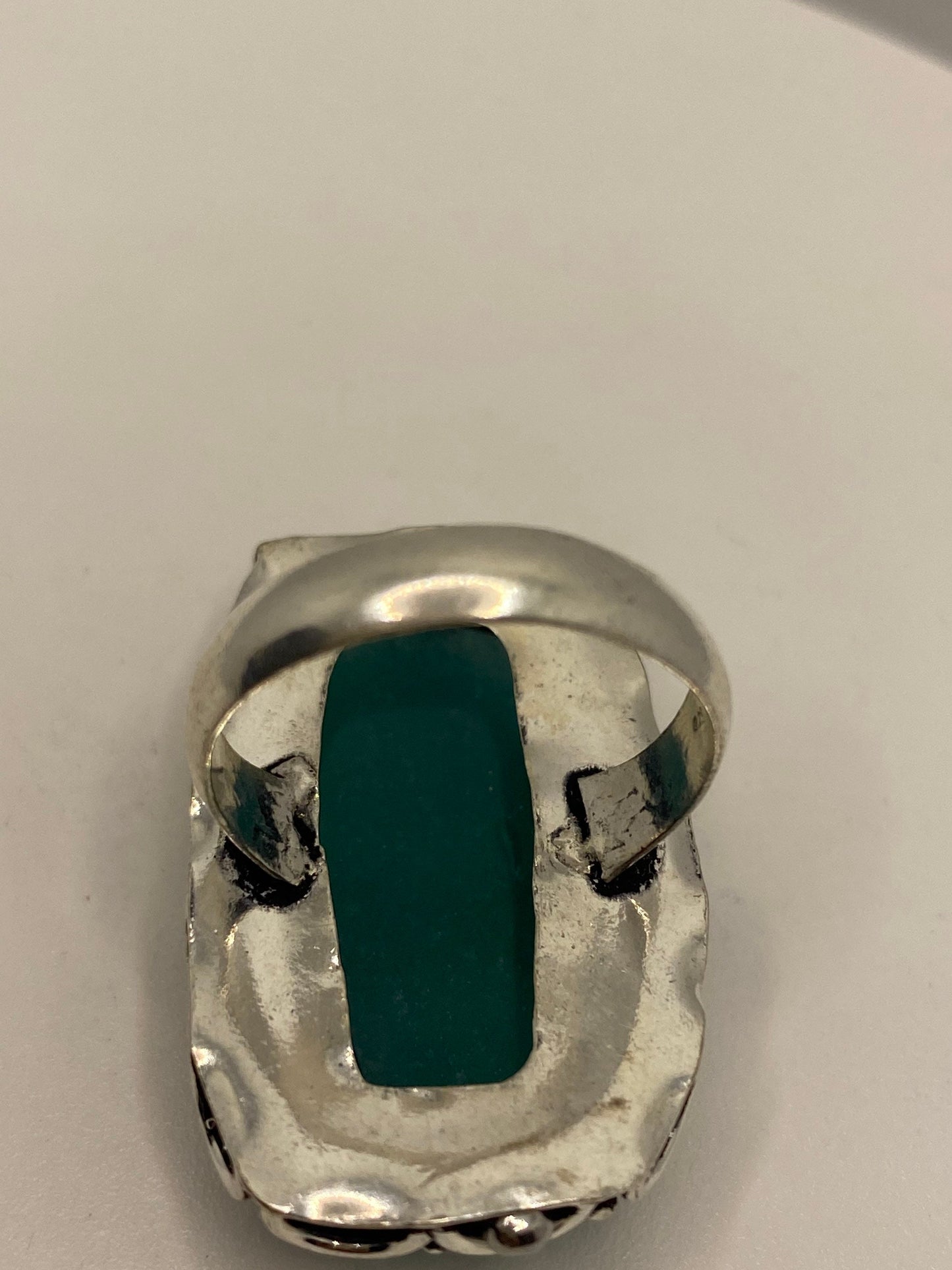 Vintage Raw Green Emerald White Bronze Silver Cocktail Ring Size 6.5