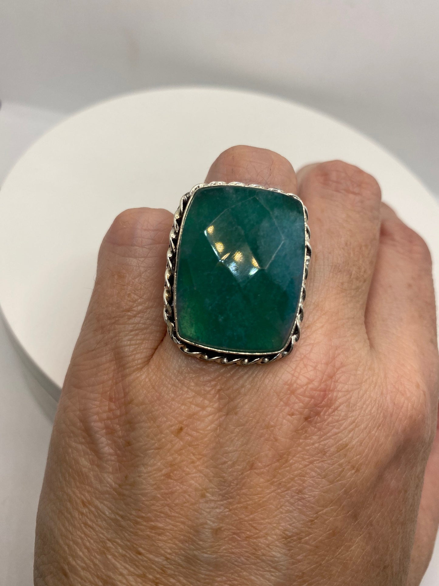 Vintage Raw Green Emerald White Bronze Silver Cocktail Ring Size 8