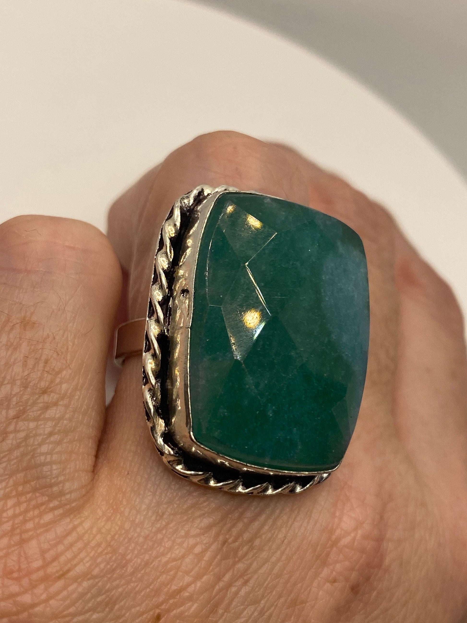 Vintage Raw Green Emerald White Bronze Silver Cocktail Ring Size 8