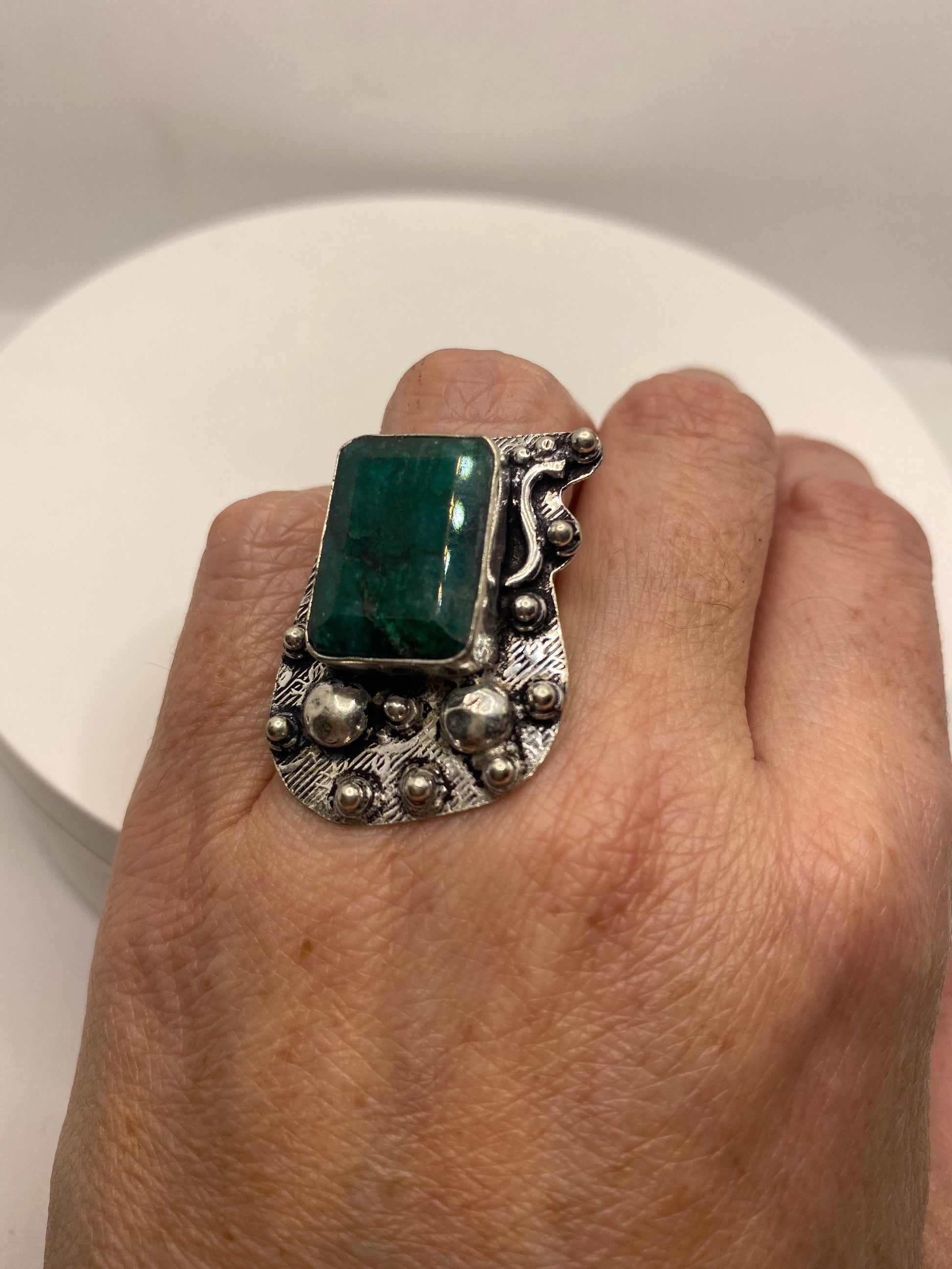 Vintage Raw Green Emerald White Bronze Silver Cocktail Ring Size 6