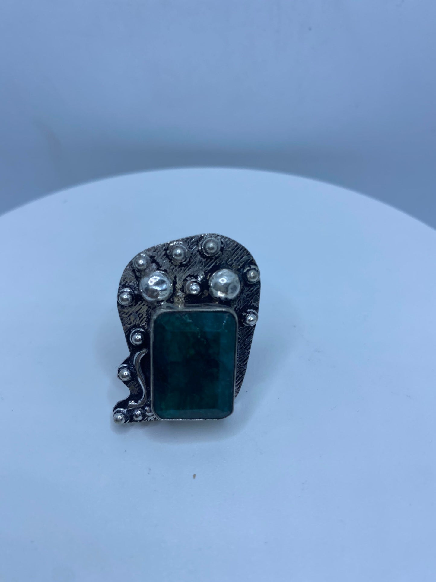 Vintage Raw Green Emerald White Bronze Silver Cocktail Ring Size 6