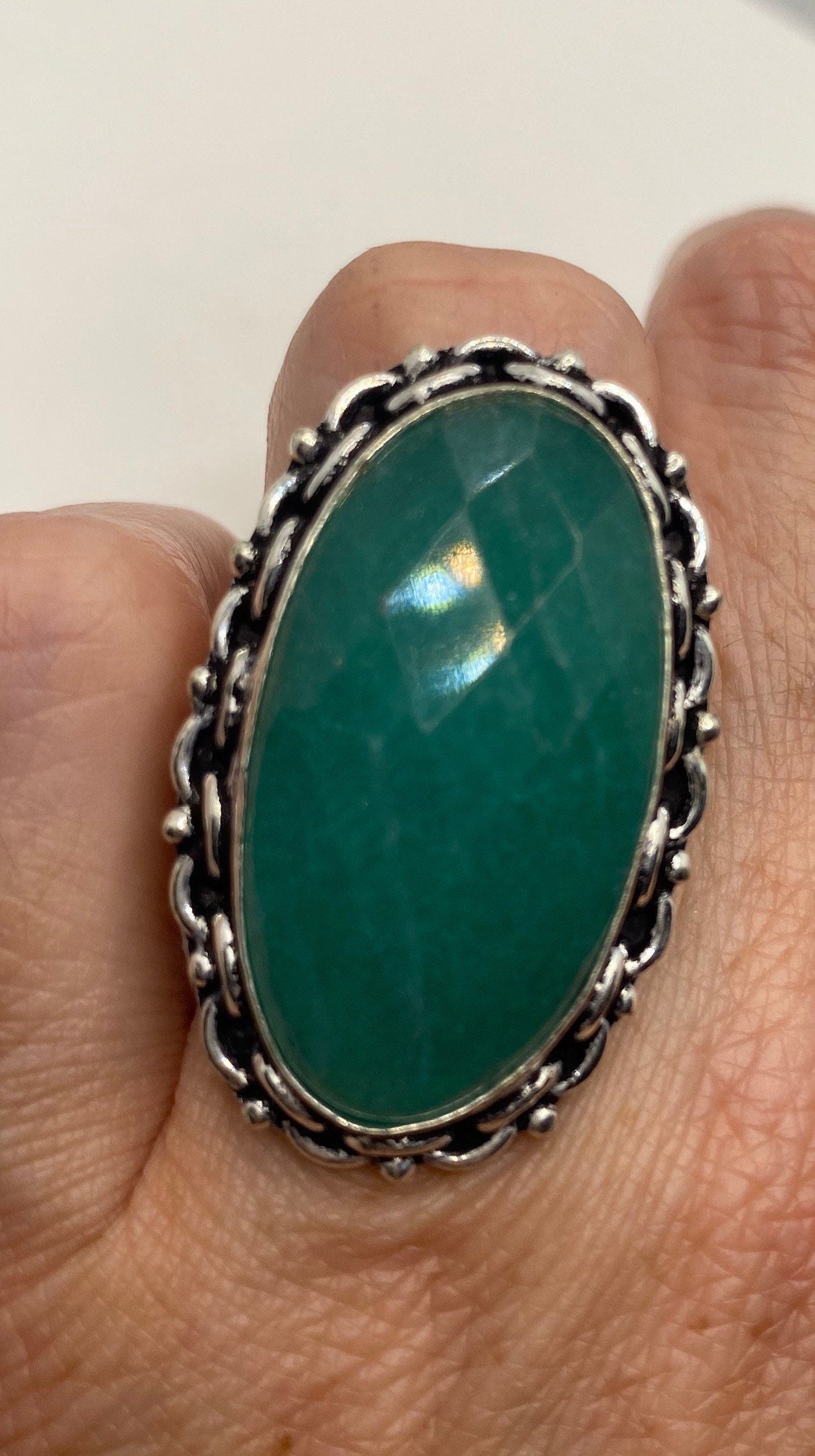 Vintage Raw Green Emerald White Bronze Silver Cocktail Ring Size 6.5