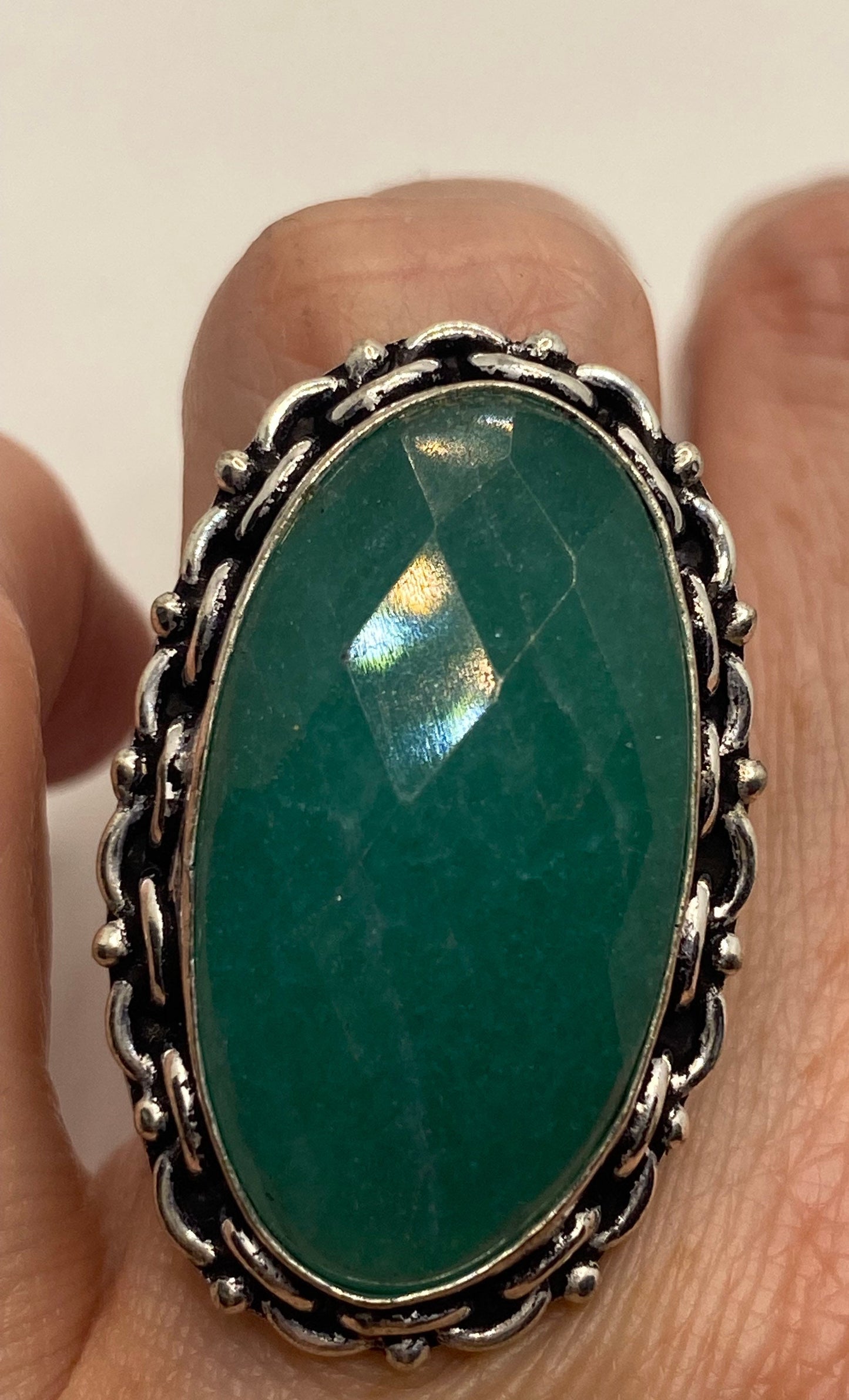 Vintage Raw Green Emerald White Bronze Silver Cocktail Ring Size 6.5