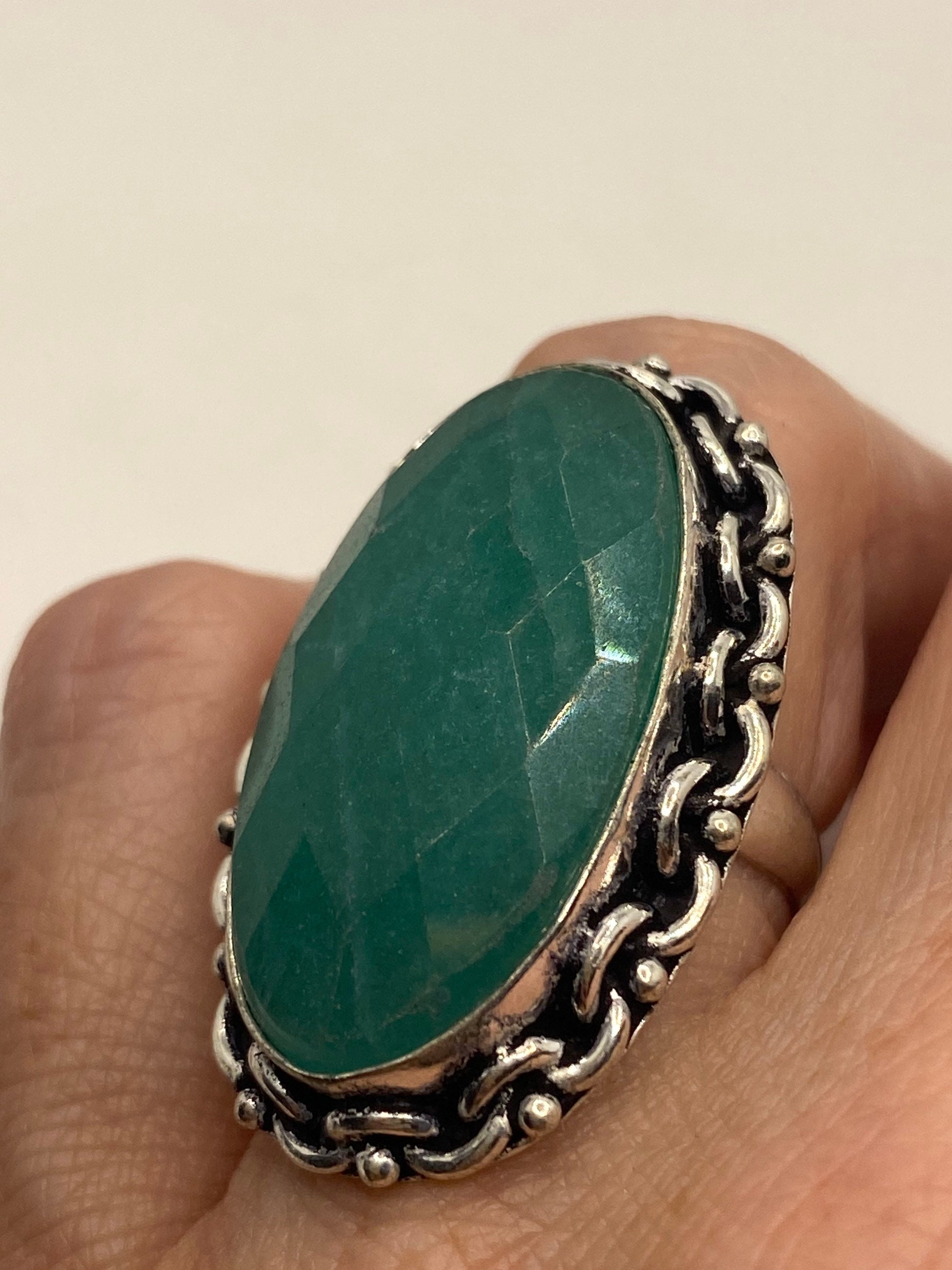 Vintage Raw Green Emerald White Bronze Silver Cocktail Ring Size 6.5
