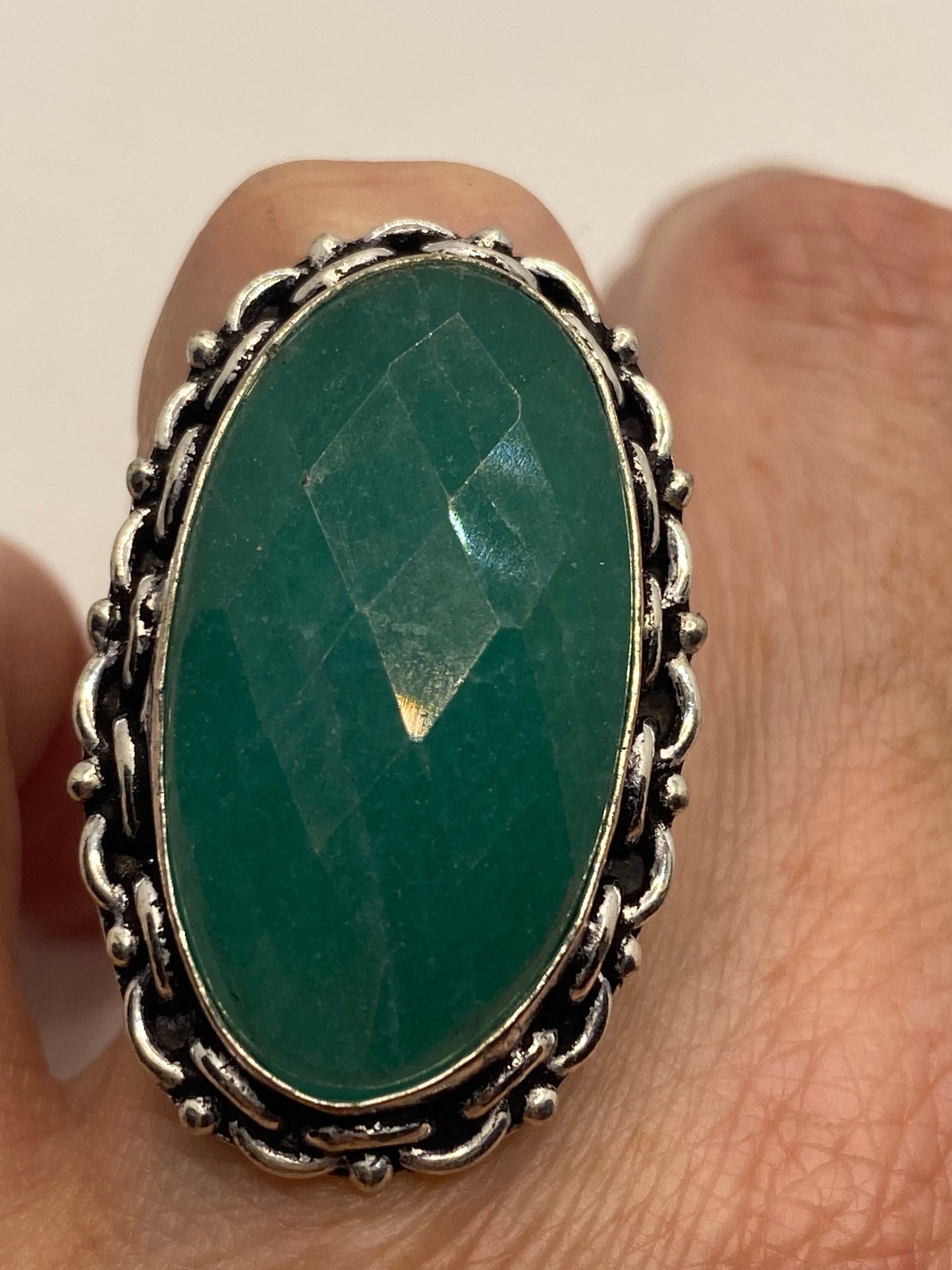 Vintage Raw Green Emerald White Bronze Silver Cocktail Ring Size 6.5