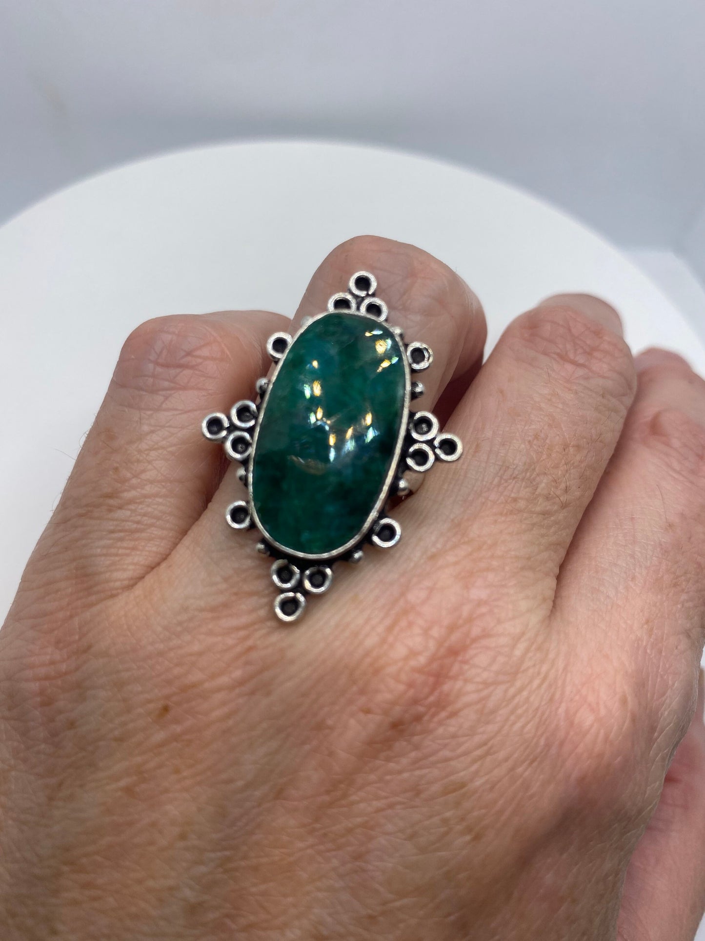 Vintage Raw Green Emerald White Bronze Silver Cocktail Ring Size 9