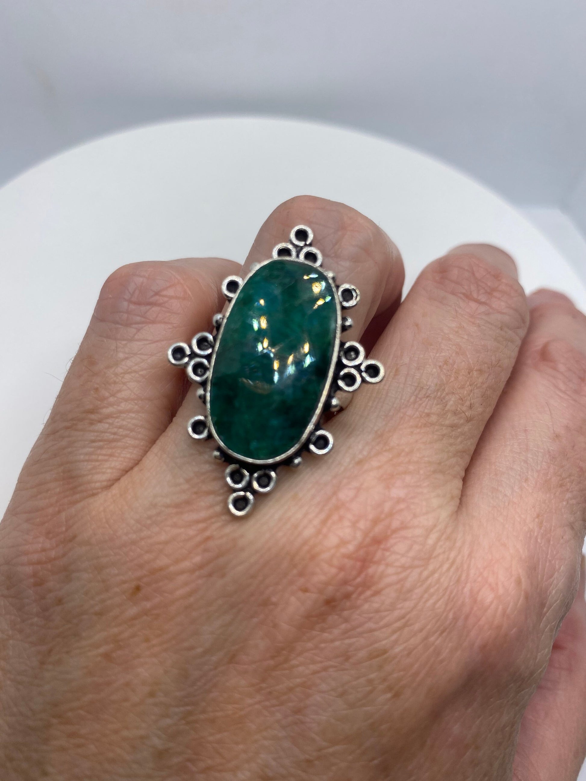 Vintage Raw Green Emerald White Bronze Silver Cocktail Ring Size 9