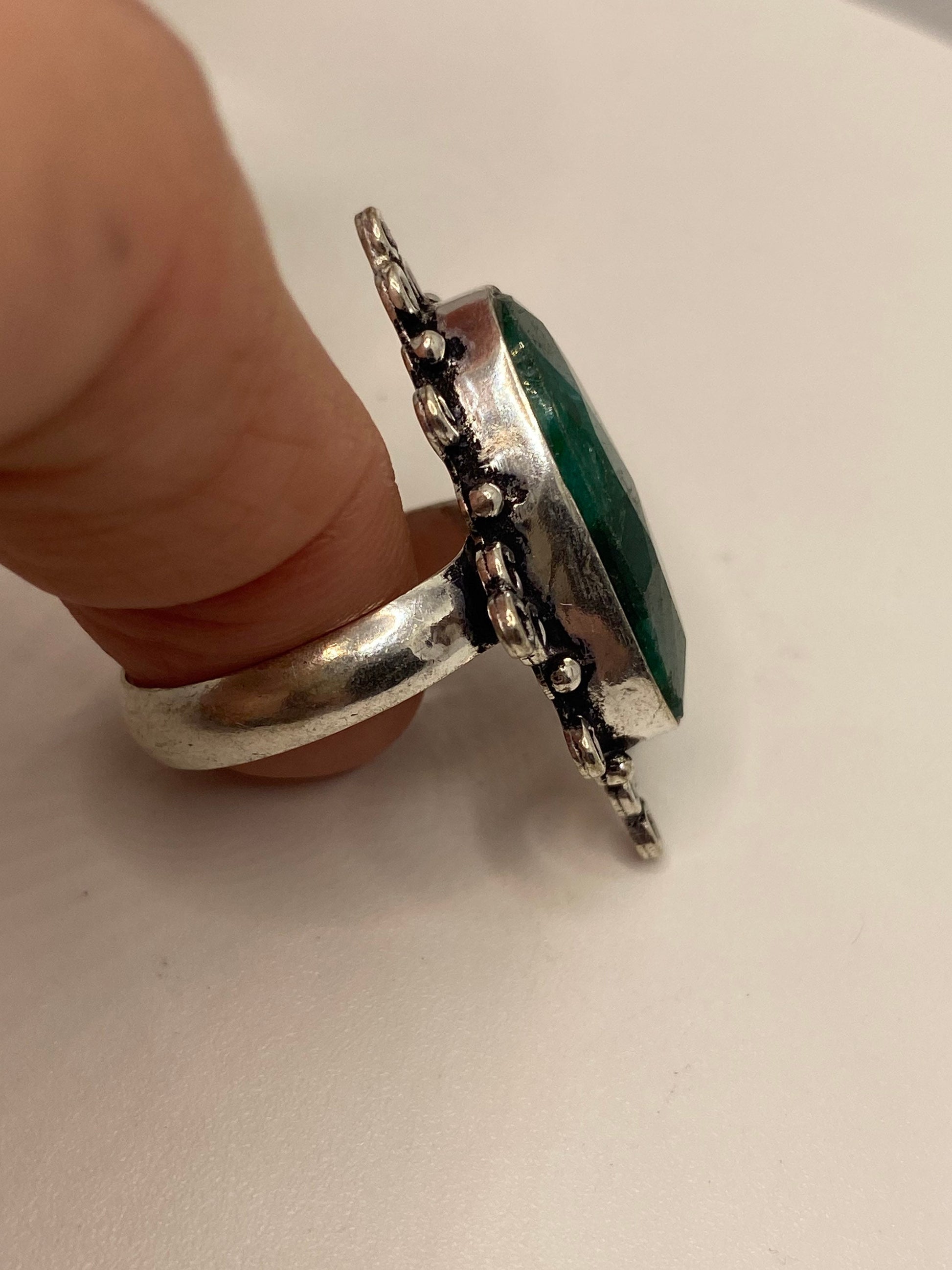 Vintage Raw Green Emerald White Bronze Silver Cocktail Ring Size 9