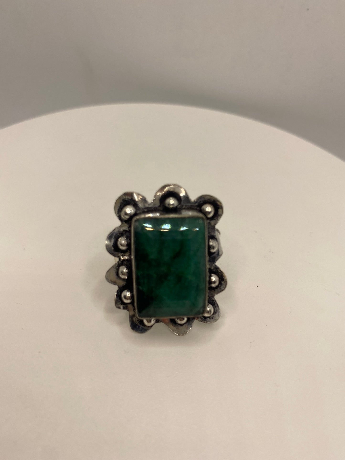 Vintage Raw Green Emerald White Bronze Silver Cocktail Ring Size 6.5