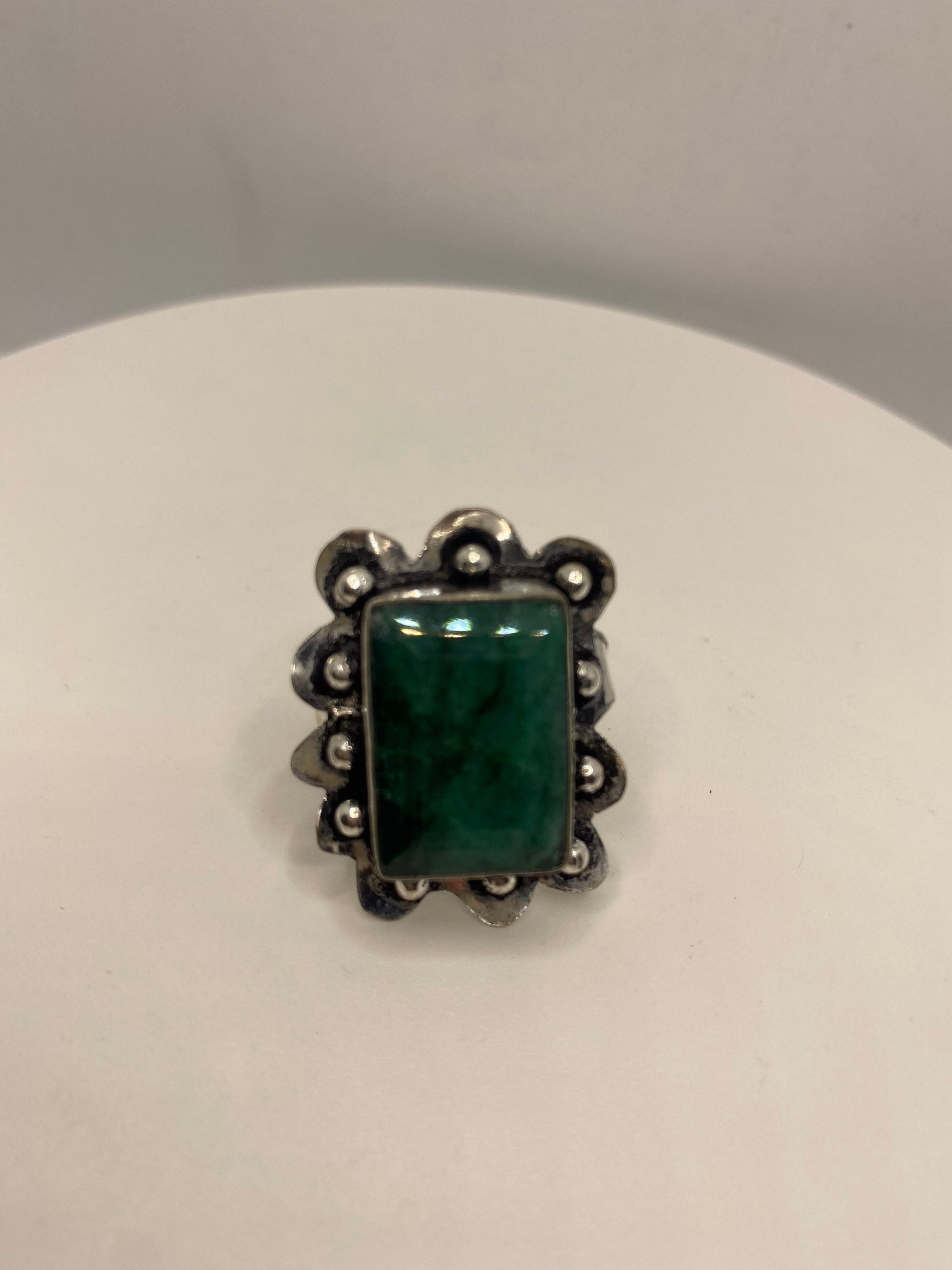Vintage Raw Green Emerald White Bronze Silver Cocktail Ring Size 6.5