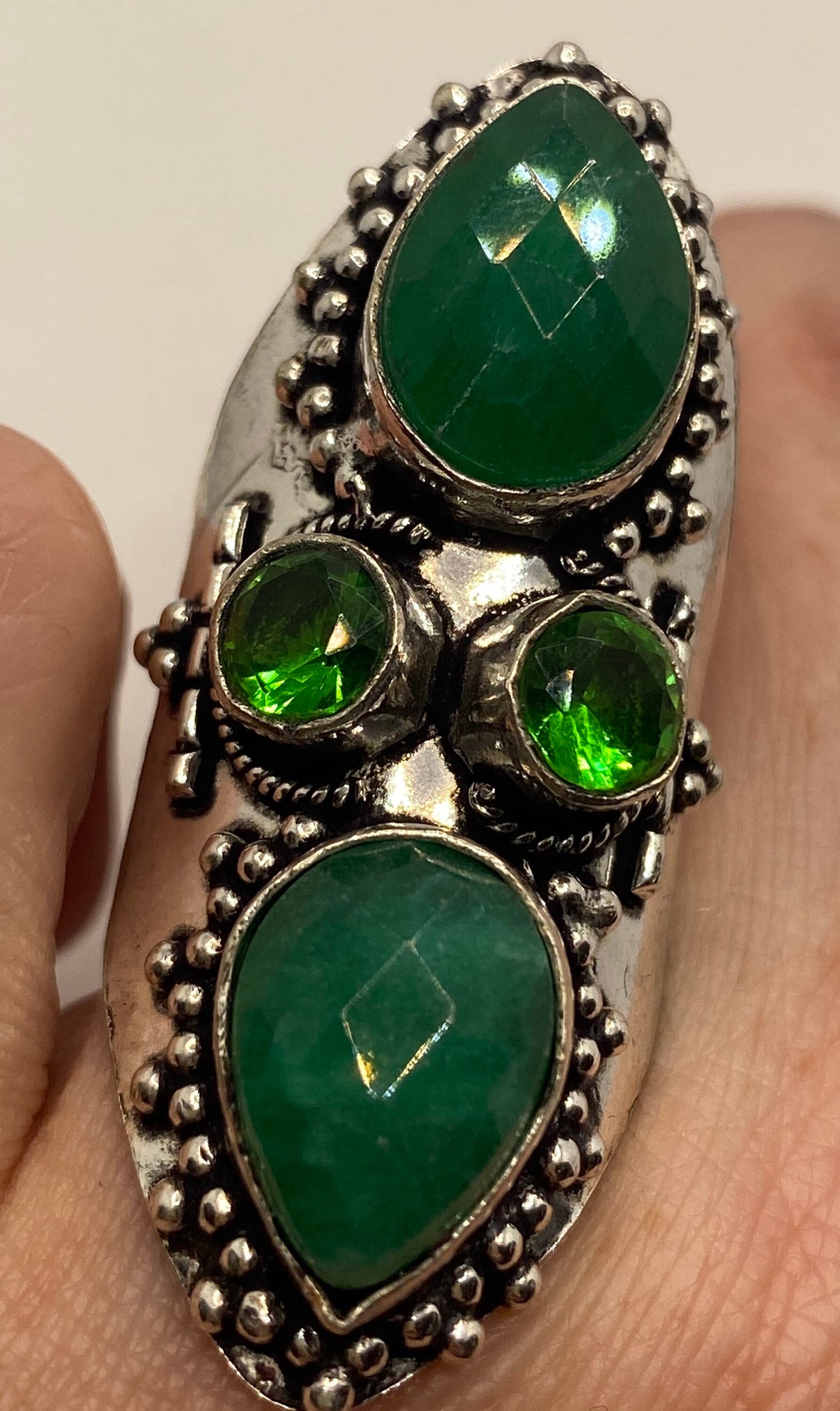Vintage Raw Green Emerald White Bronze Silver Cocktail Ring Size 7