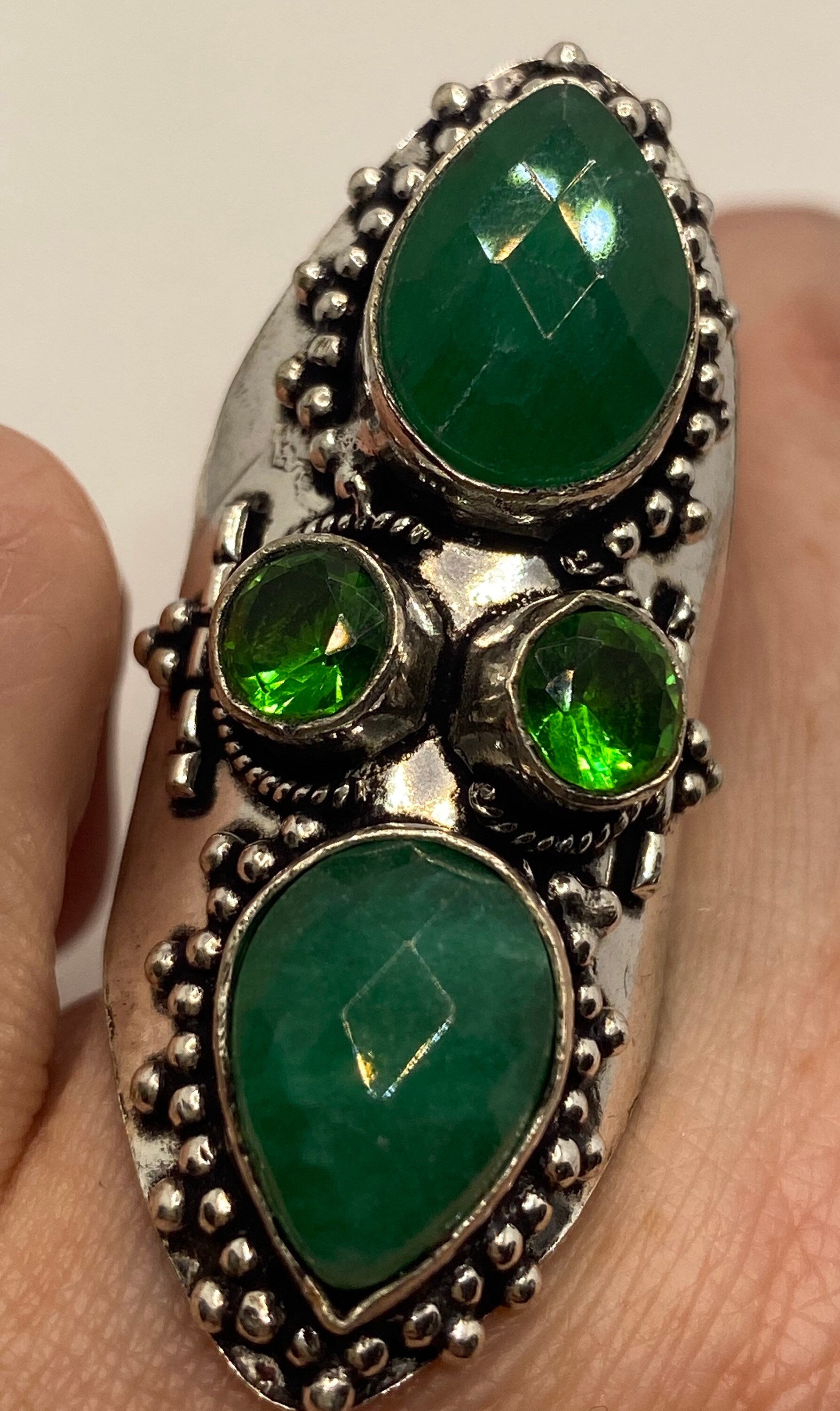 Vintage Raw Green Emerald White Bronze Silver Cocktail Ring Size 7