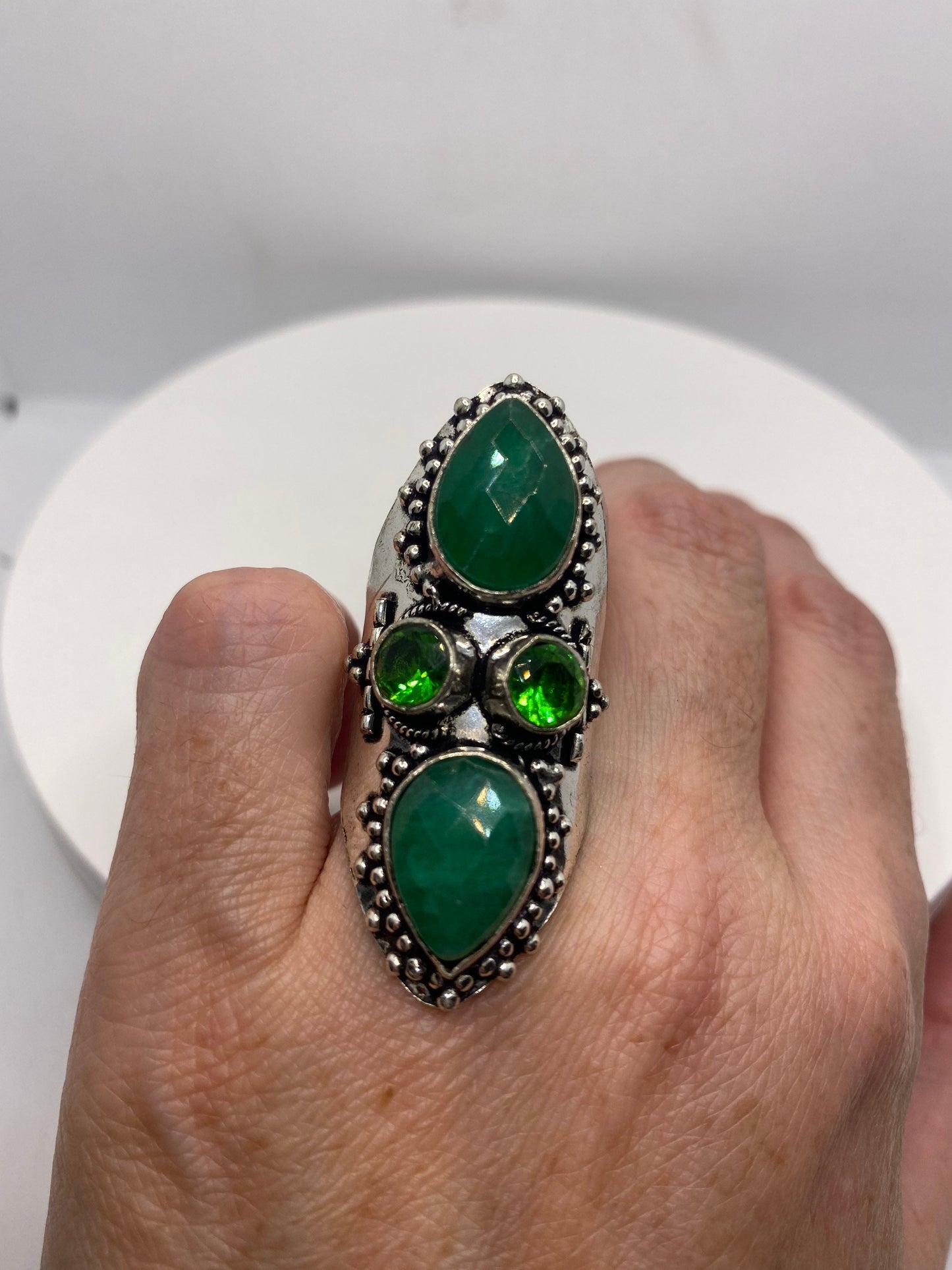 Vintage Raw Green Emerald White Bronze Silver Cocktail Ring Size 7