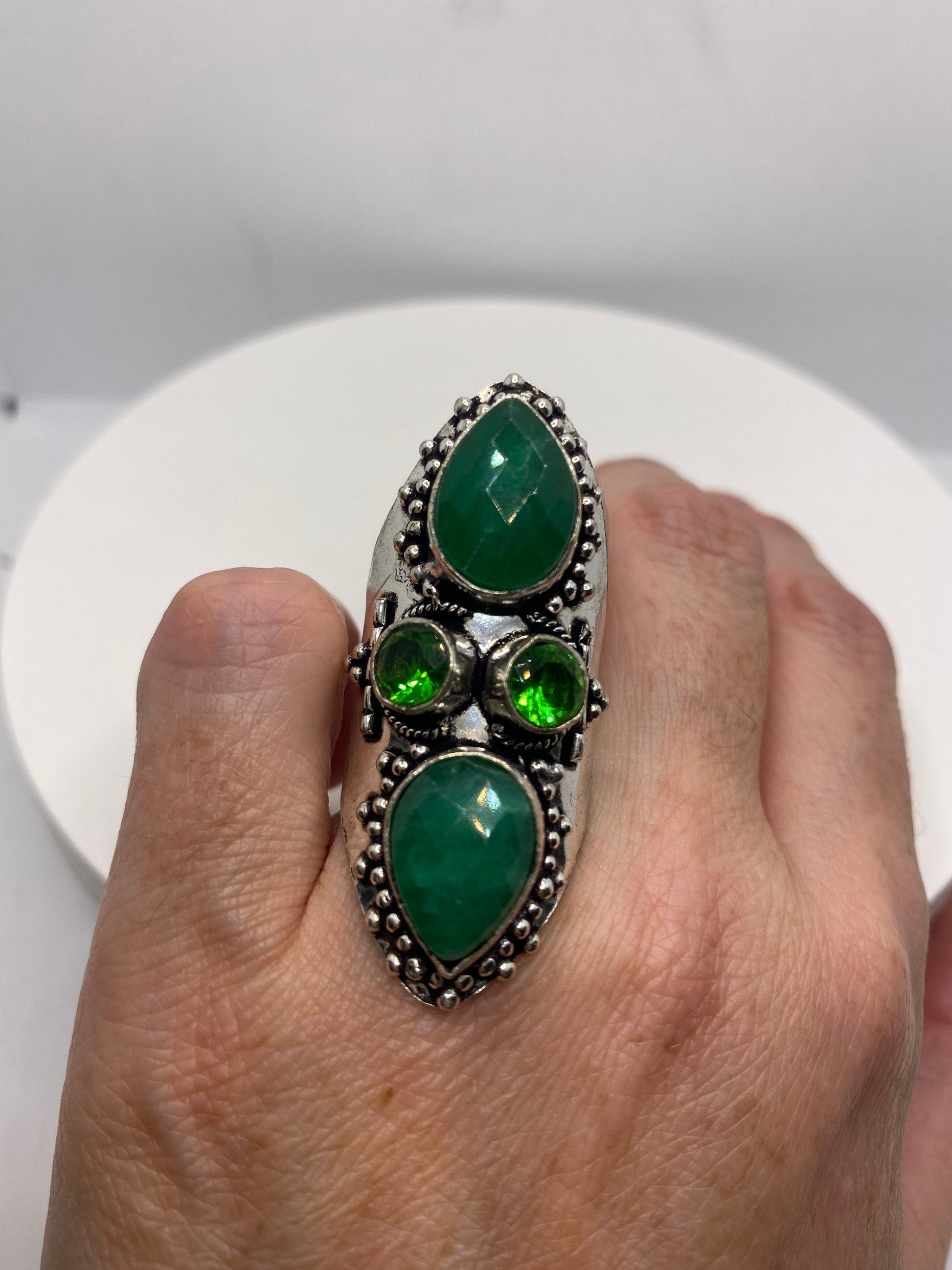 Vintage Raw Green Emerald White Bronze Silver Cocktail Ring Size 7