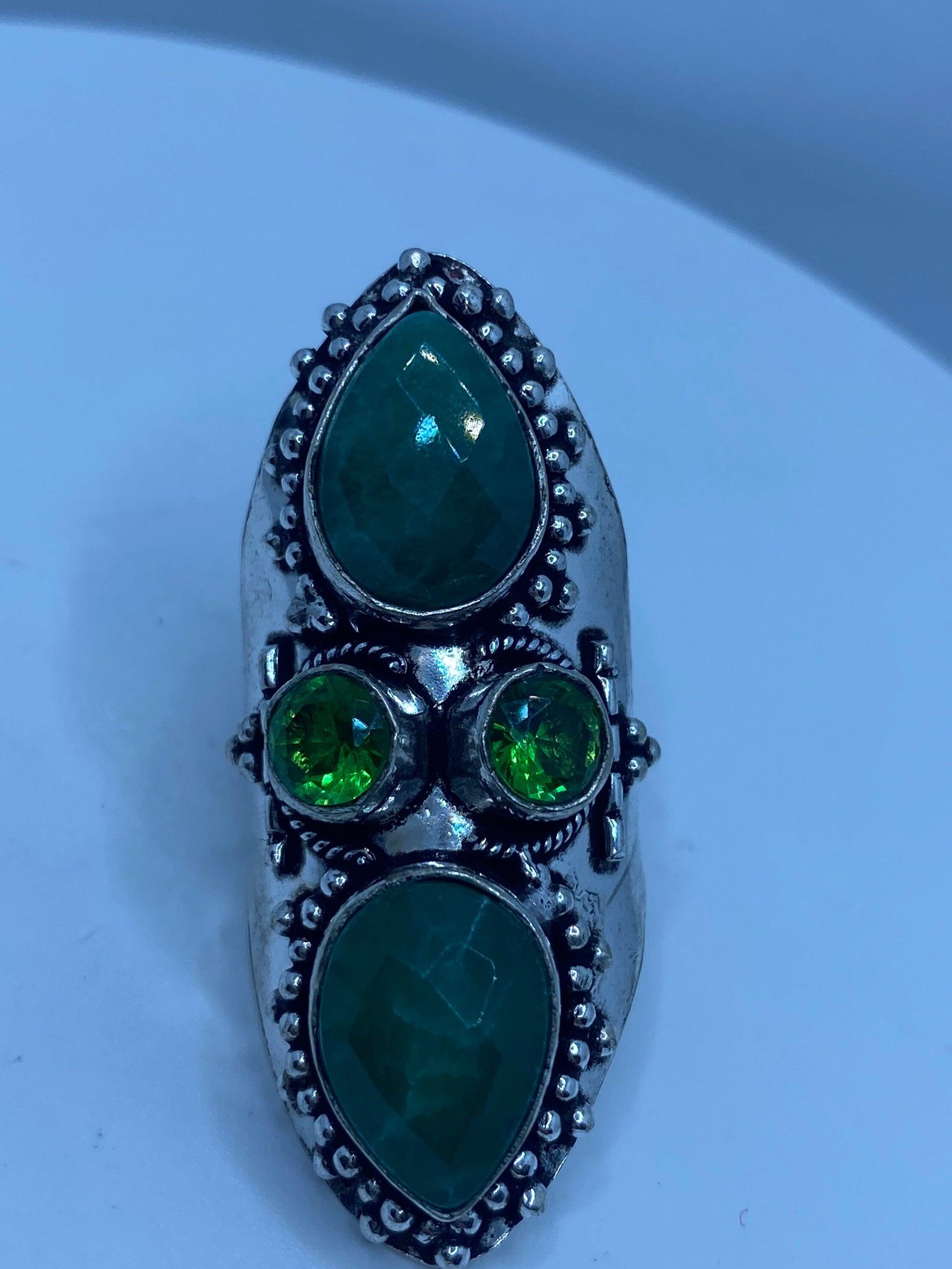 Vintage Raw Green Emerald White Bronze Silver Cocktail Ring Size 7