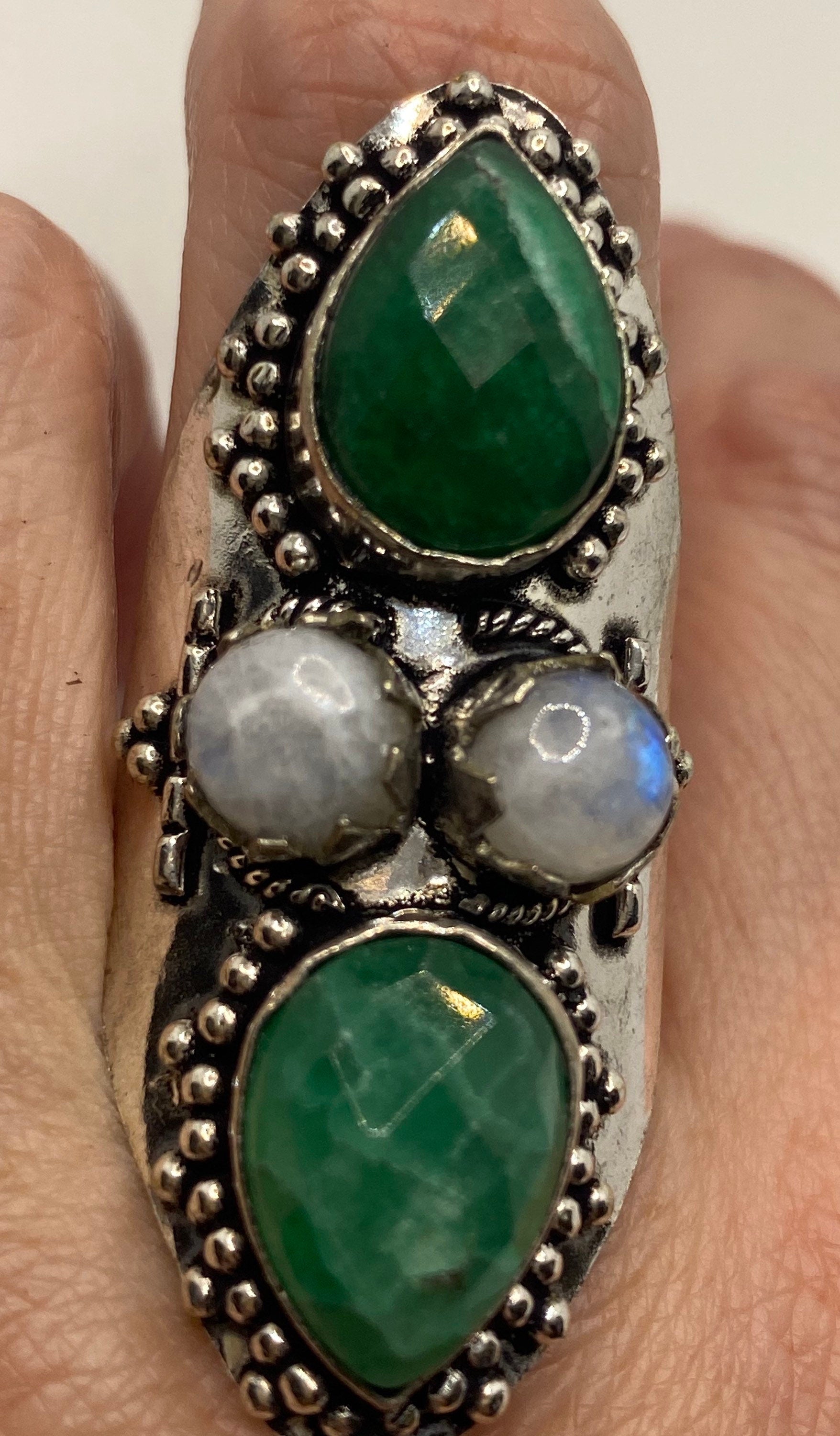 Vintage Raw Green Emerald White Bronze Silver Cocktail Ring Size 8