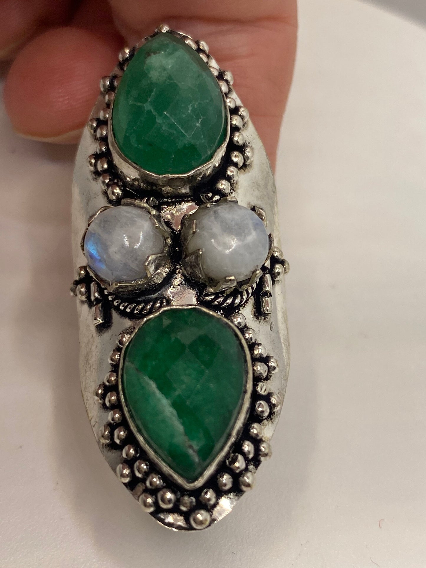 Vintage Raw Green Emerald White Bronze Silver Cocktail Ring Size 8