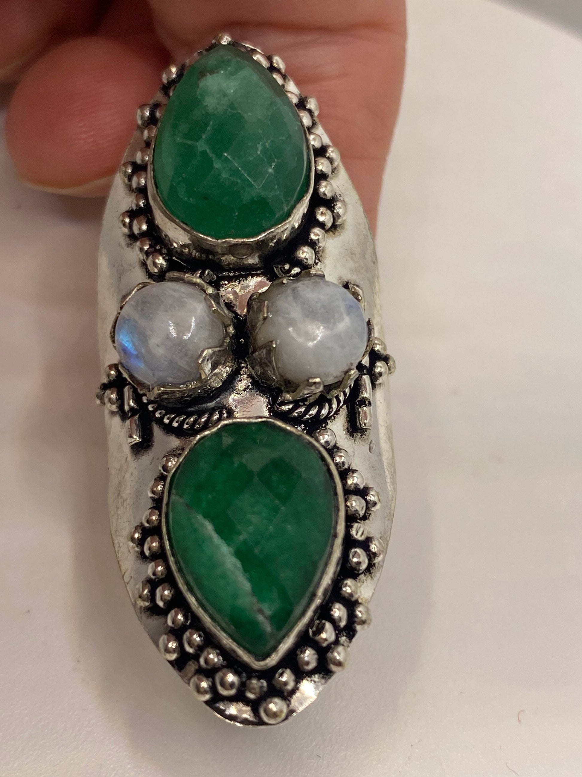 Vintage Raw Green Emerald White Bronze Silver Cocktail Ring Size 8