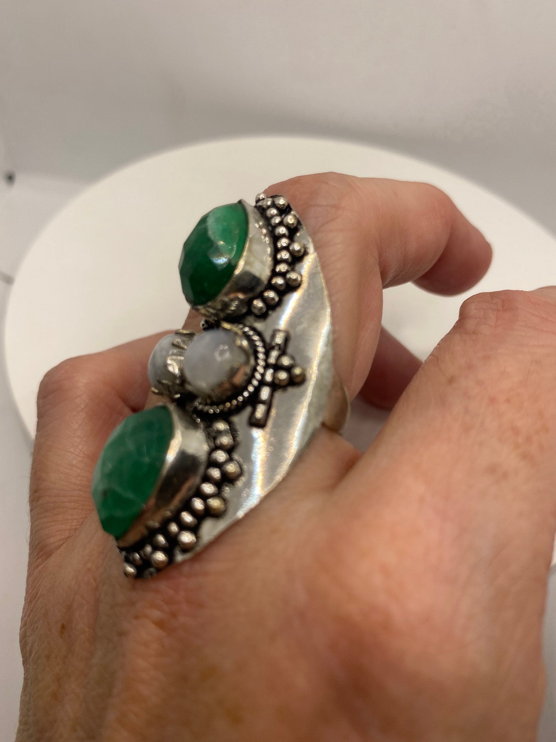 Vintage Raw Green Emerald White Bronze Silver Cocktail Ring Size 8