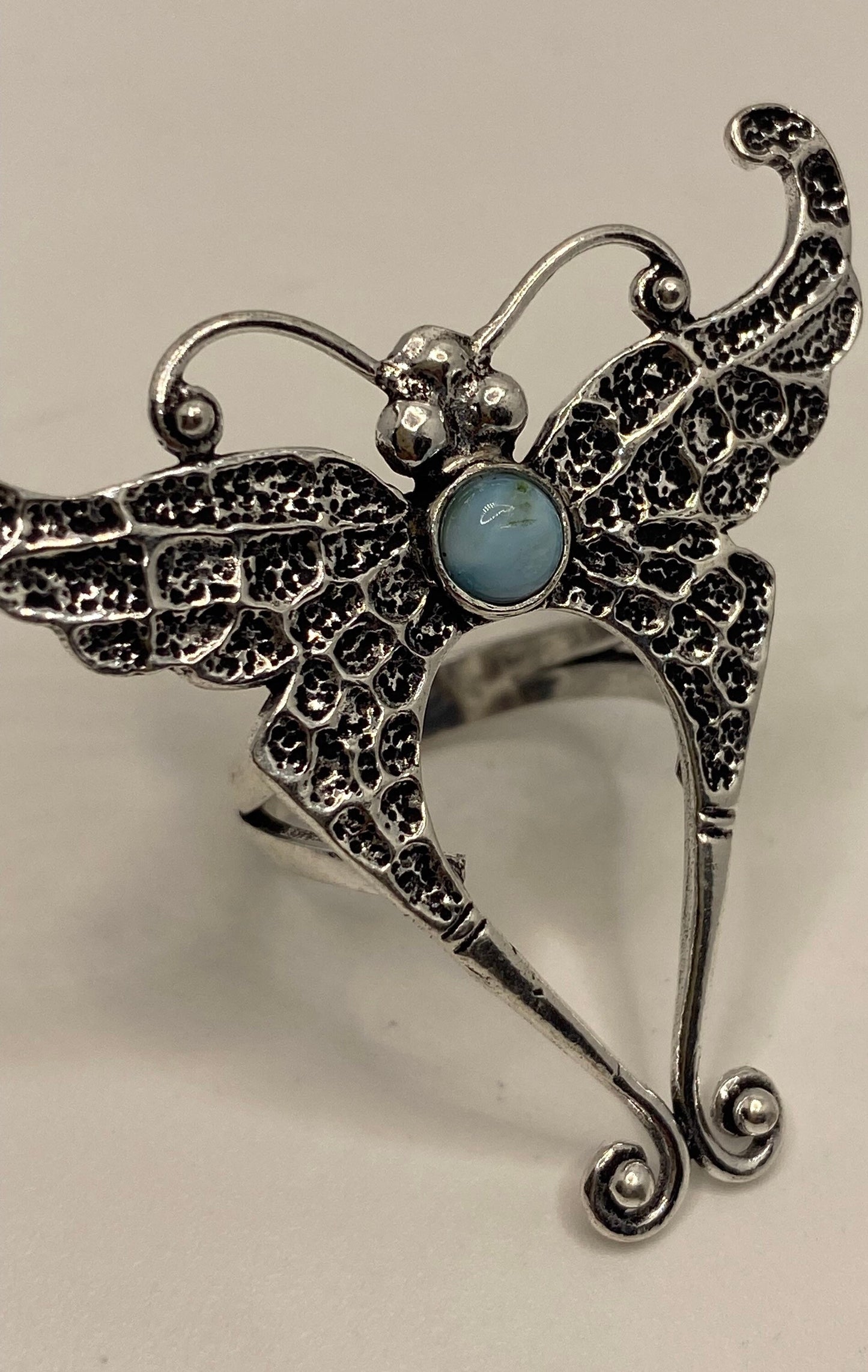 Vintage Lunar Moth Blue Larimar Silver Bronze Silver Cocktail Ring Size 6