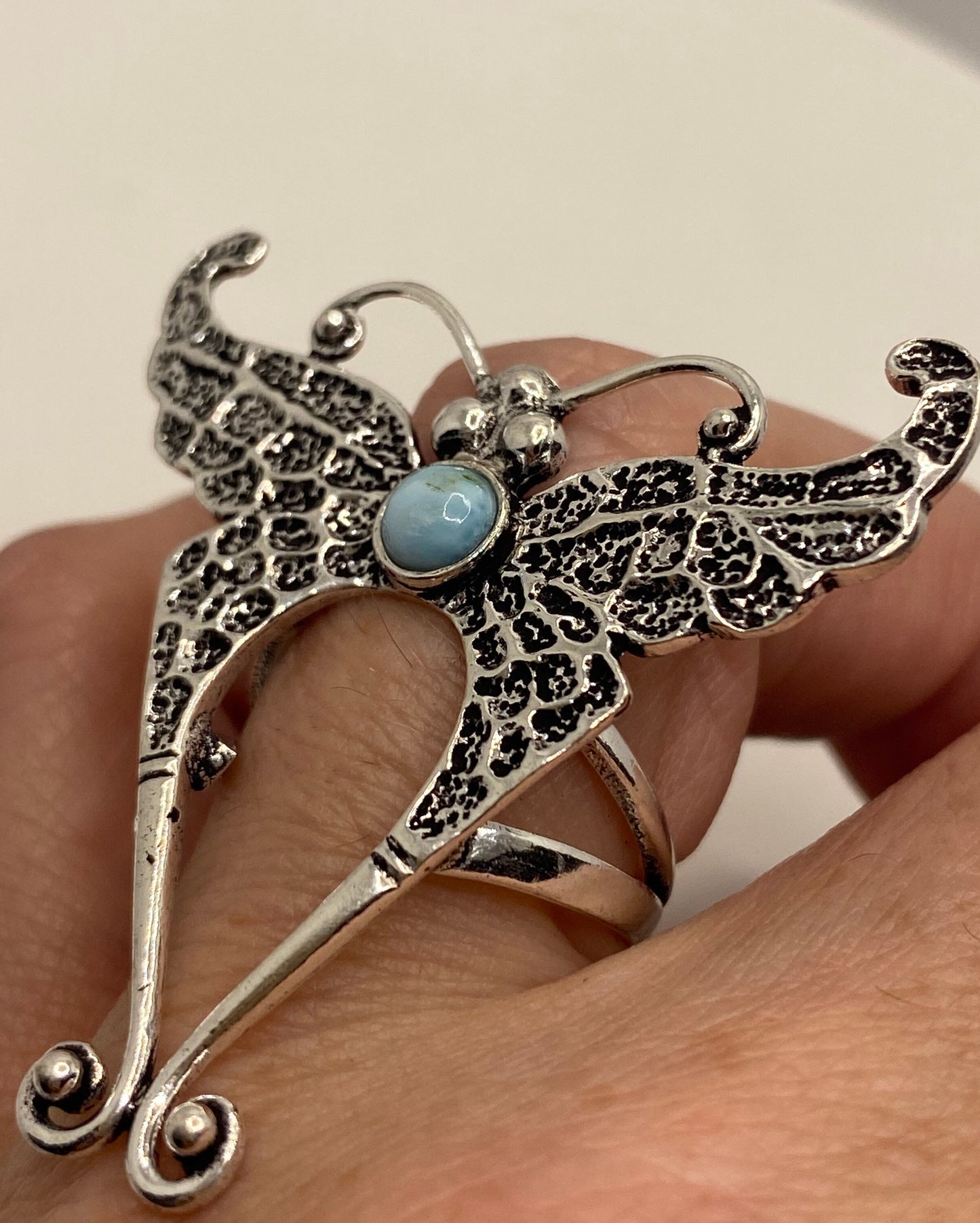 Vintage Lunar Moth Blue Larimar Silver Bronze Silver Cocktail Ring Size 6