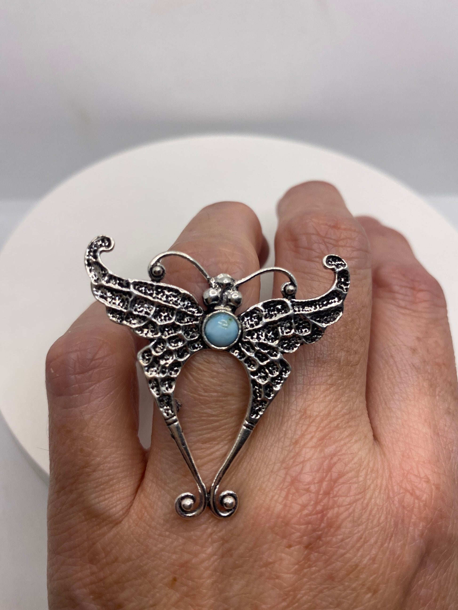 Vintage Lunar Moth Blue Larimar Silver Bronze Silver Cocktail Ring Size 6