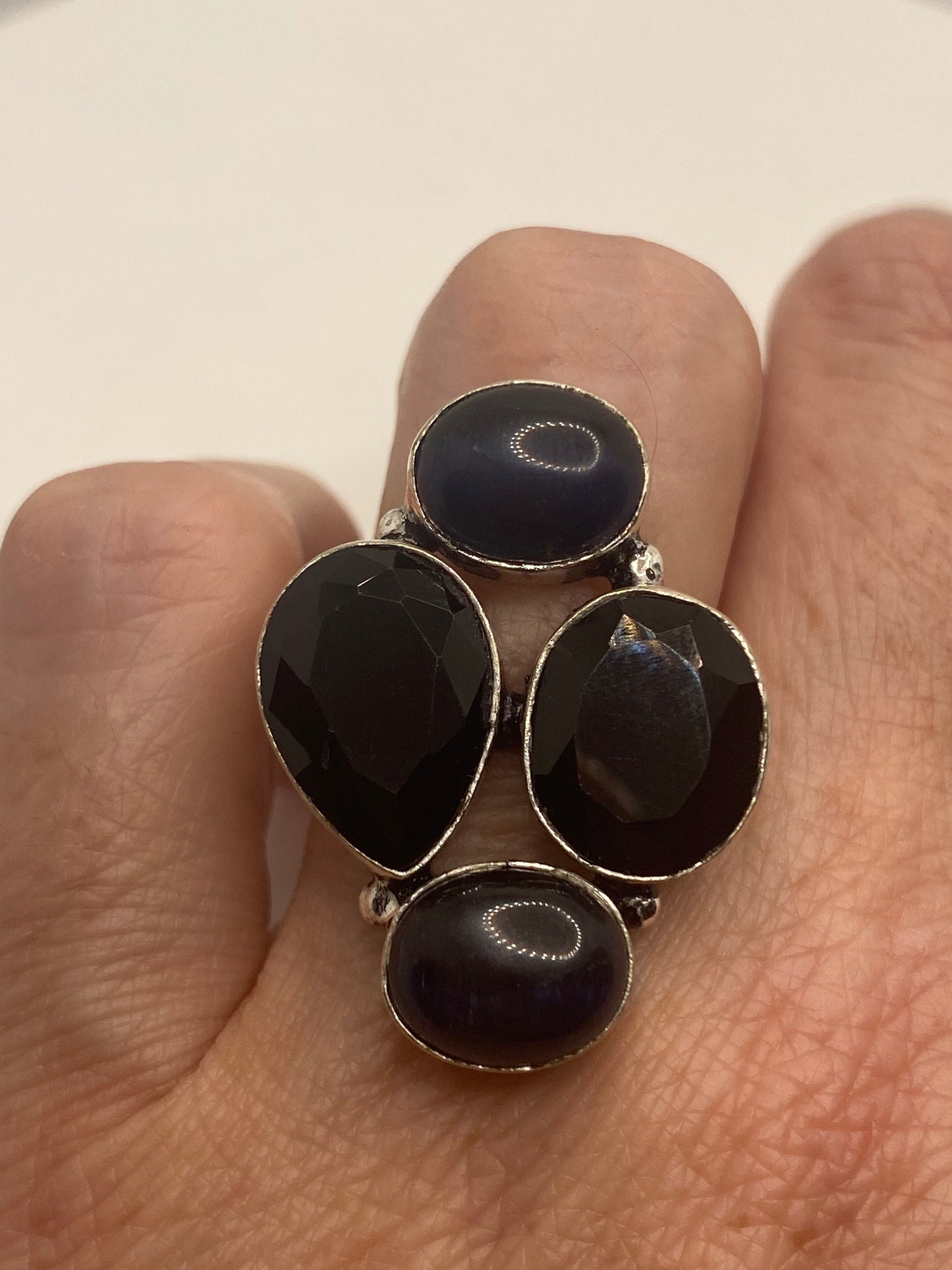 Vintage Faceted Black Onyx Cats Eye Silver Ring Size 6