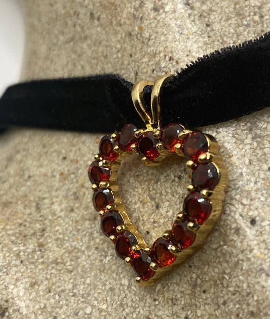 Red Garnet Heart Necklace in 925 Sterling Silver Pendant Choker Vintage Handmade