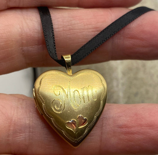 Vintage Gold Locket | Tiny Heart 9k Gold Filled Pendant Photo Memory Charm Engraved "Mom" Hearts | Choker Necklace