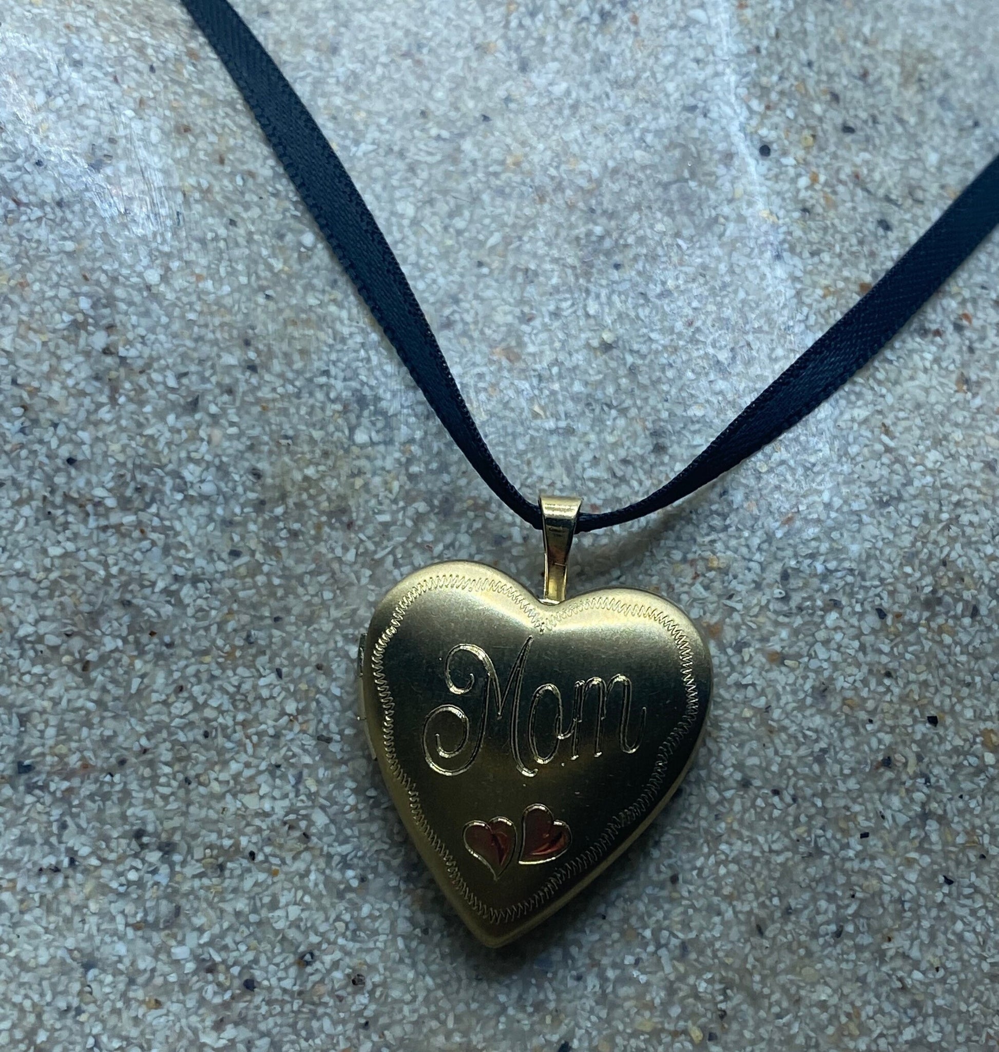 Vintage Gold Locket | Tiny Heart 9k Gold Filled Pendant Photo Memory Charm Engraved "Mom" Hearts | Choker Necklace