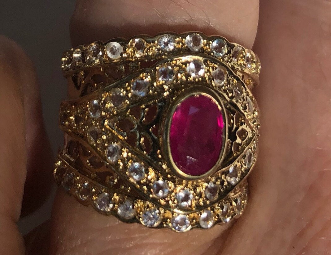 Pink Ruby White Sapphire Ring in Golden 925 Sterling Silver Vintage Handmade