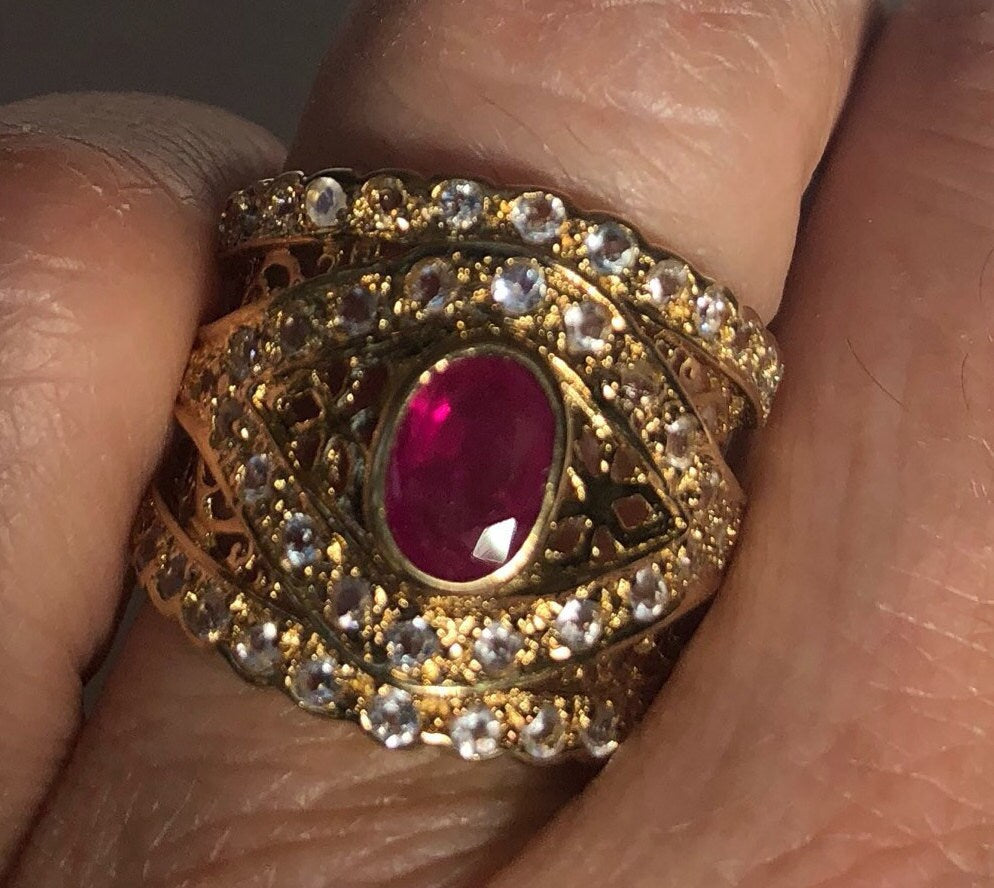 Pink Ruby White Sapphire Ring in Golden 925 Sterling Silver Vintage Handmade