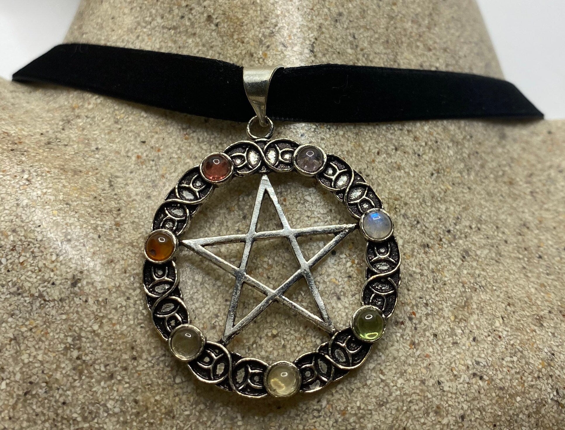 Chakra Stones in Bronze Pentagram Star on Velvet Choker Necklace Vintage