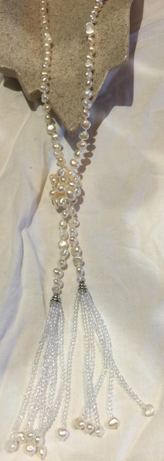 Hand Wrapped White Pearl Tassel Lariat Necklace