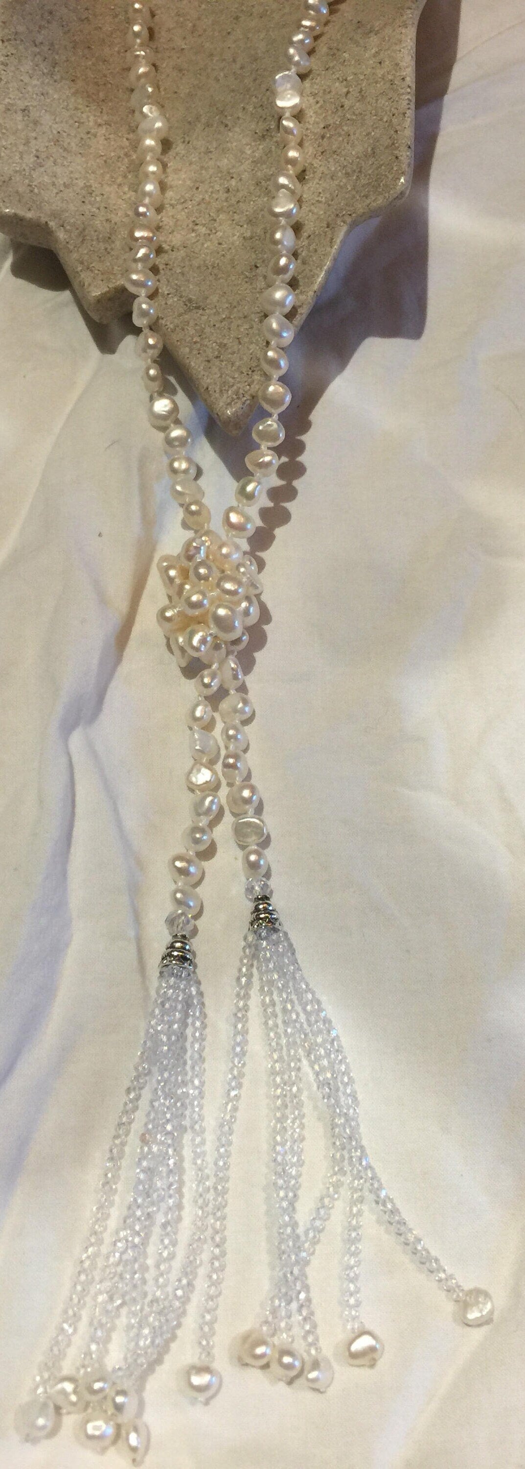 Hand Wrapped White Pearl Tassel Lariat Necklace