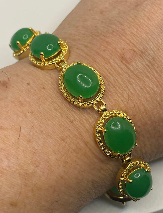 Vintage Green Jade Bracelet Golden Bronze