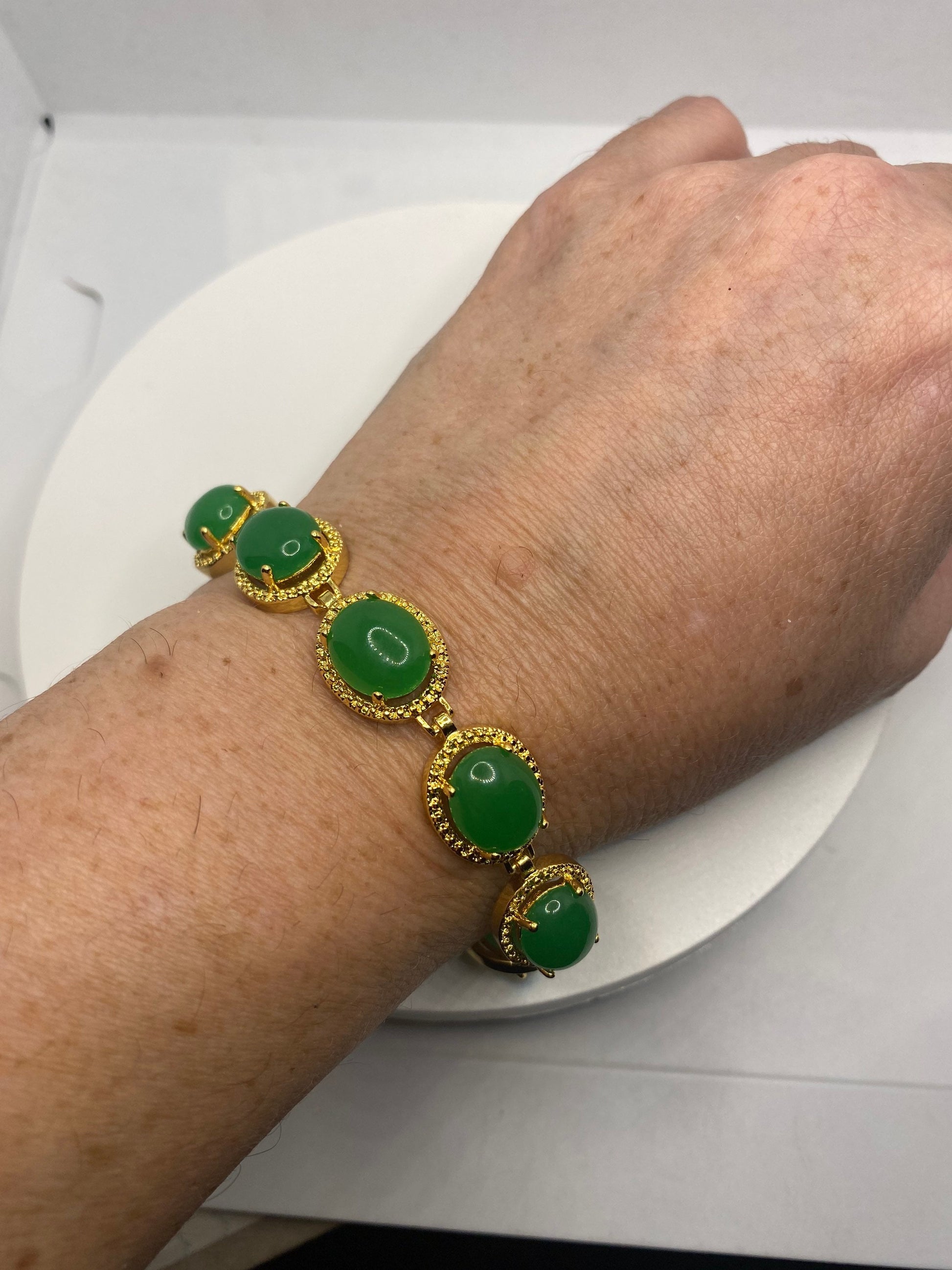 Vintage Green Jade Bracelet Golden Bronze