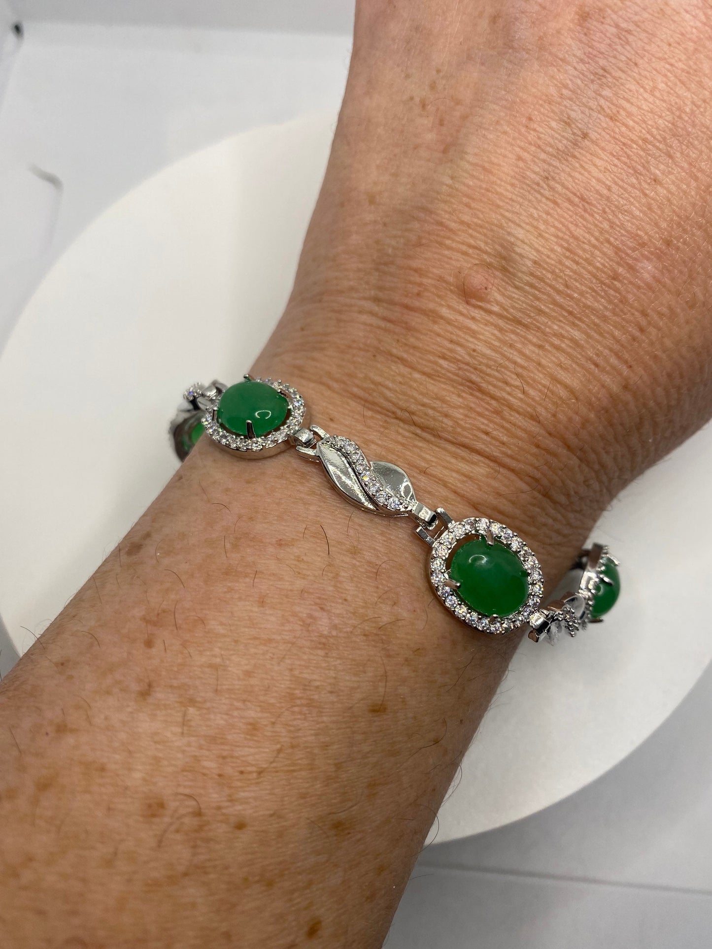 Vintage Green Jade Bracelet Silver Bronze