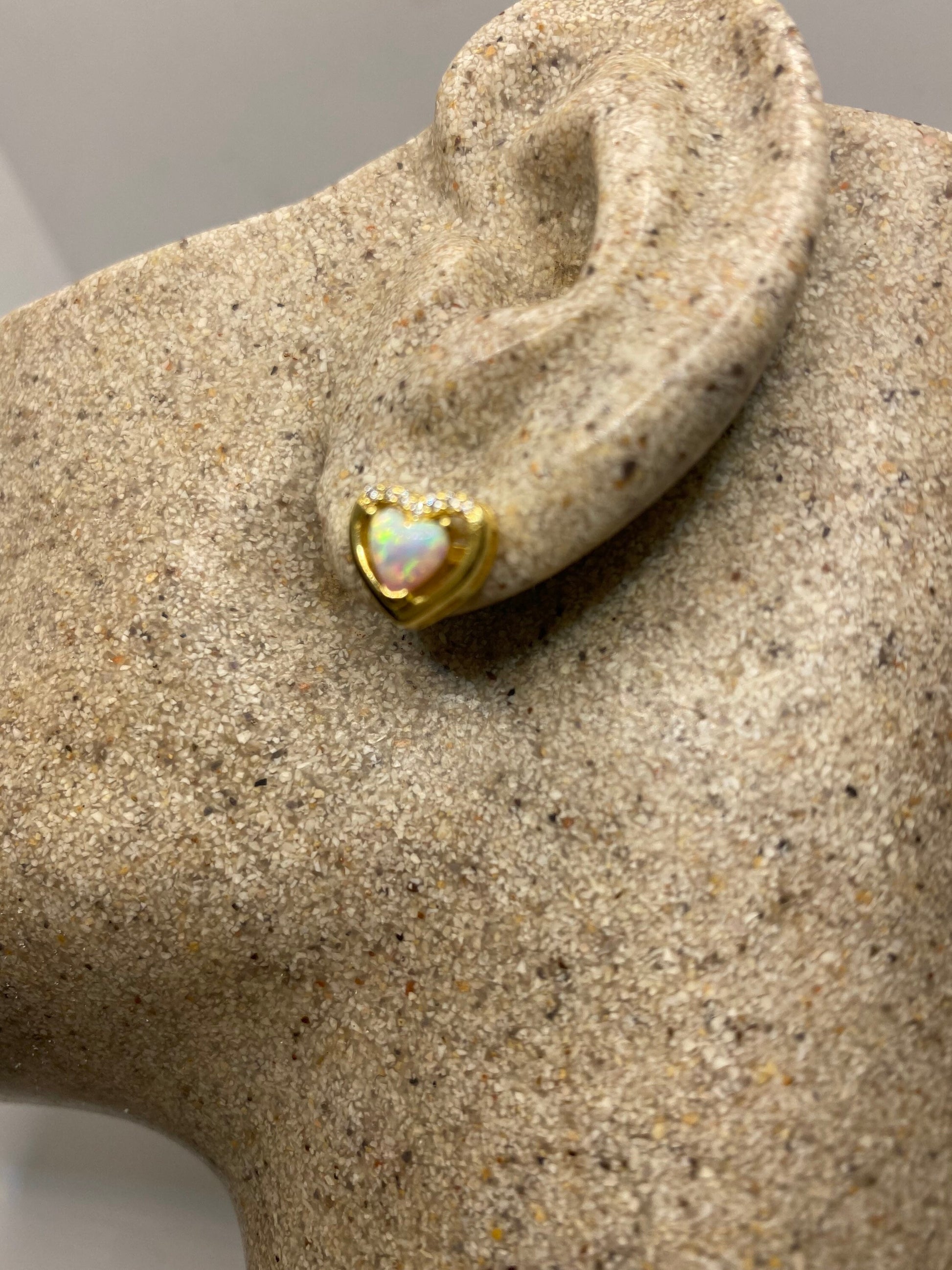 Vintage White Opal Heart Earrings Golden 925 Sterling Silver Stud Button