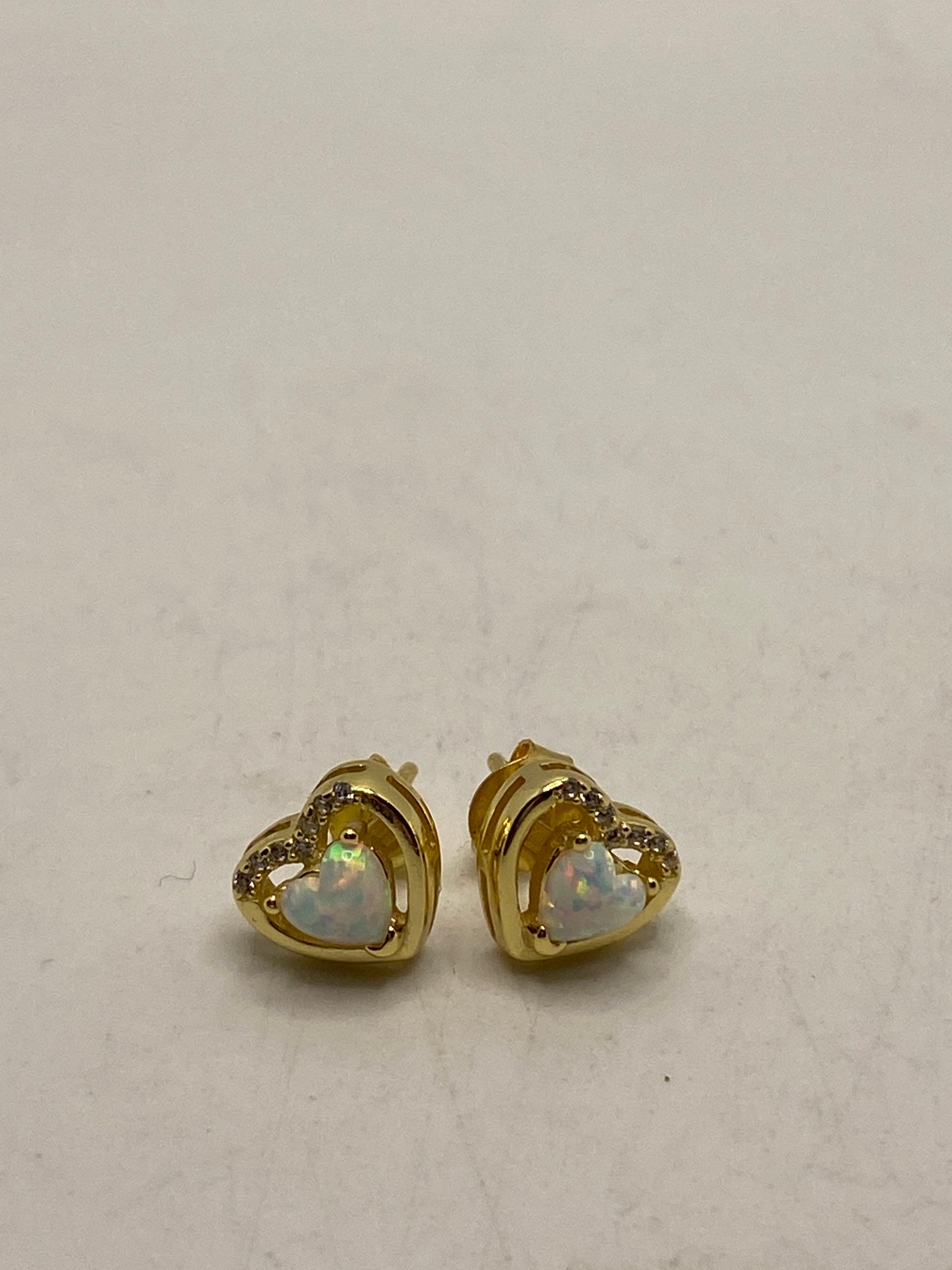 Vintage White Opal Heart Earrings Golden 925 Sterling Silver Stud Button