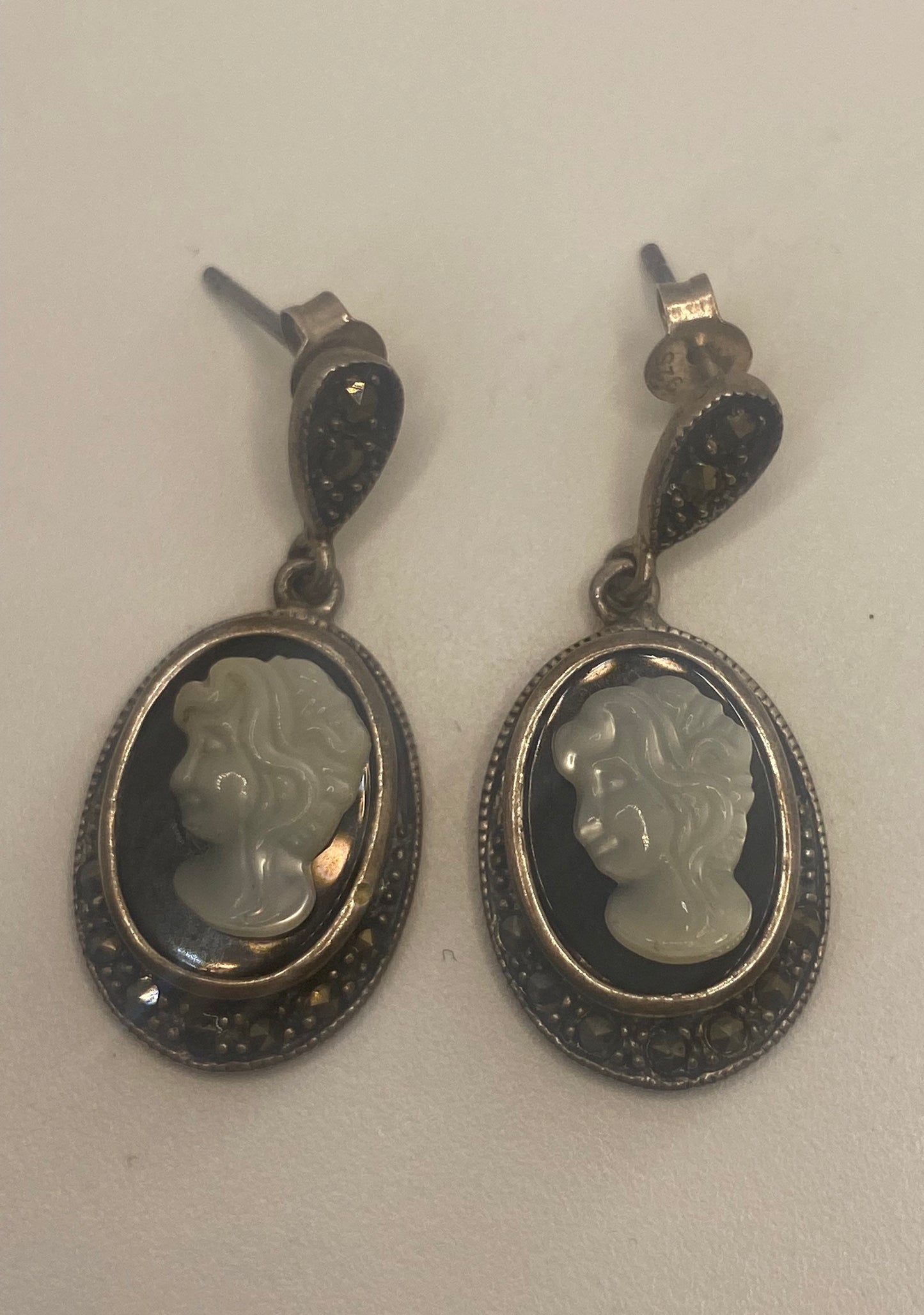 Vintage Cameo Earrings Marcasite Black Onyx 925 Sterling Silver Deco Dangle Chandelier
