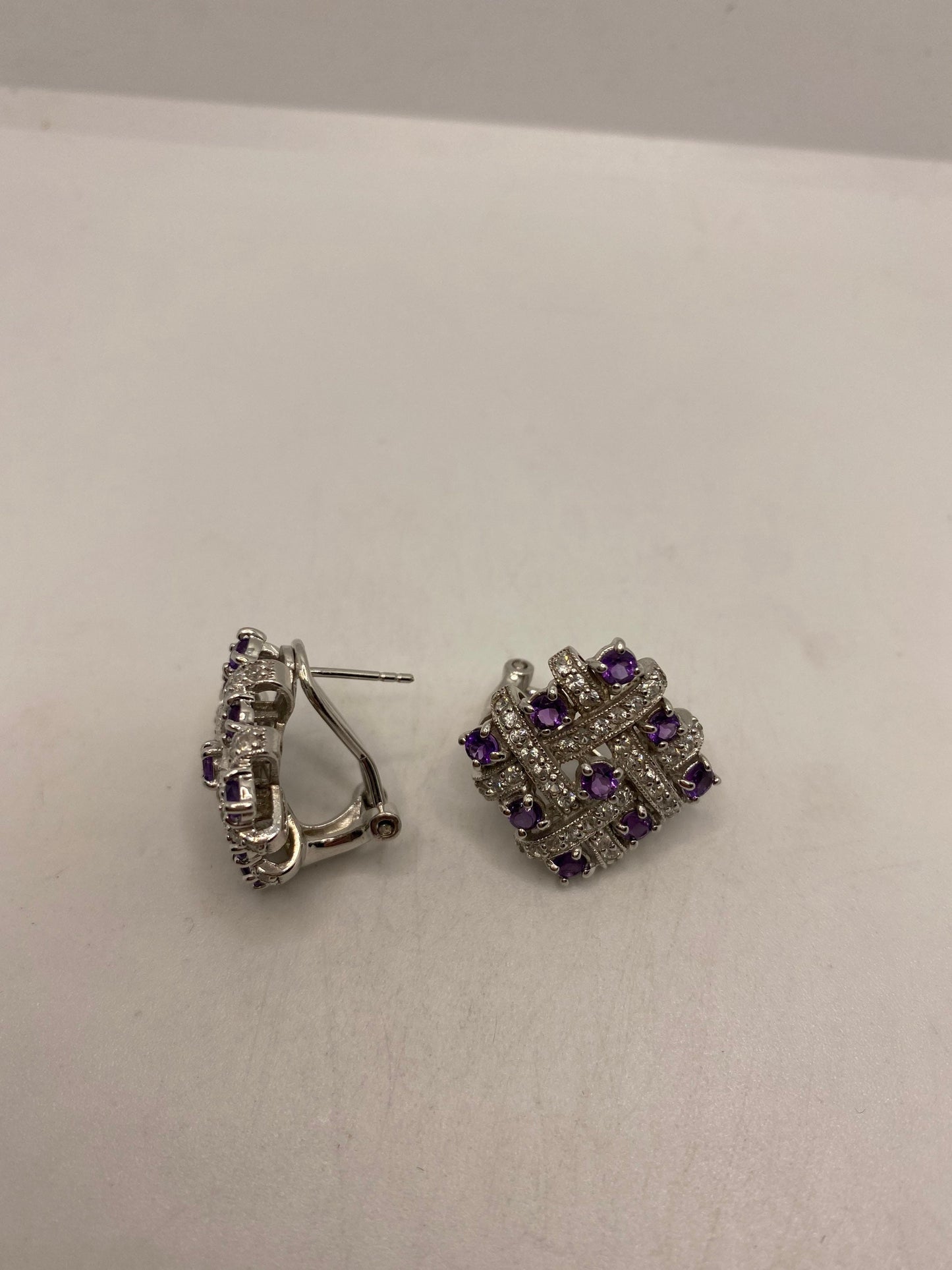 Vintage Amethyst Earrings 925 Sterling Silver Deco Button