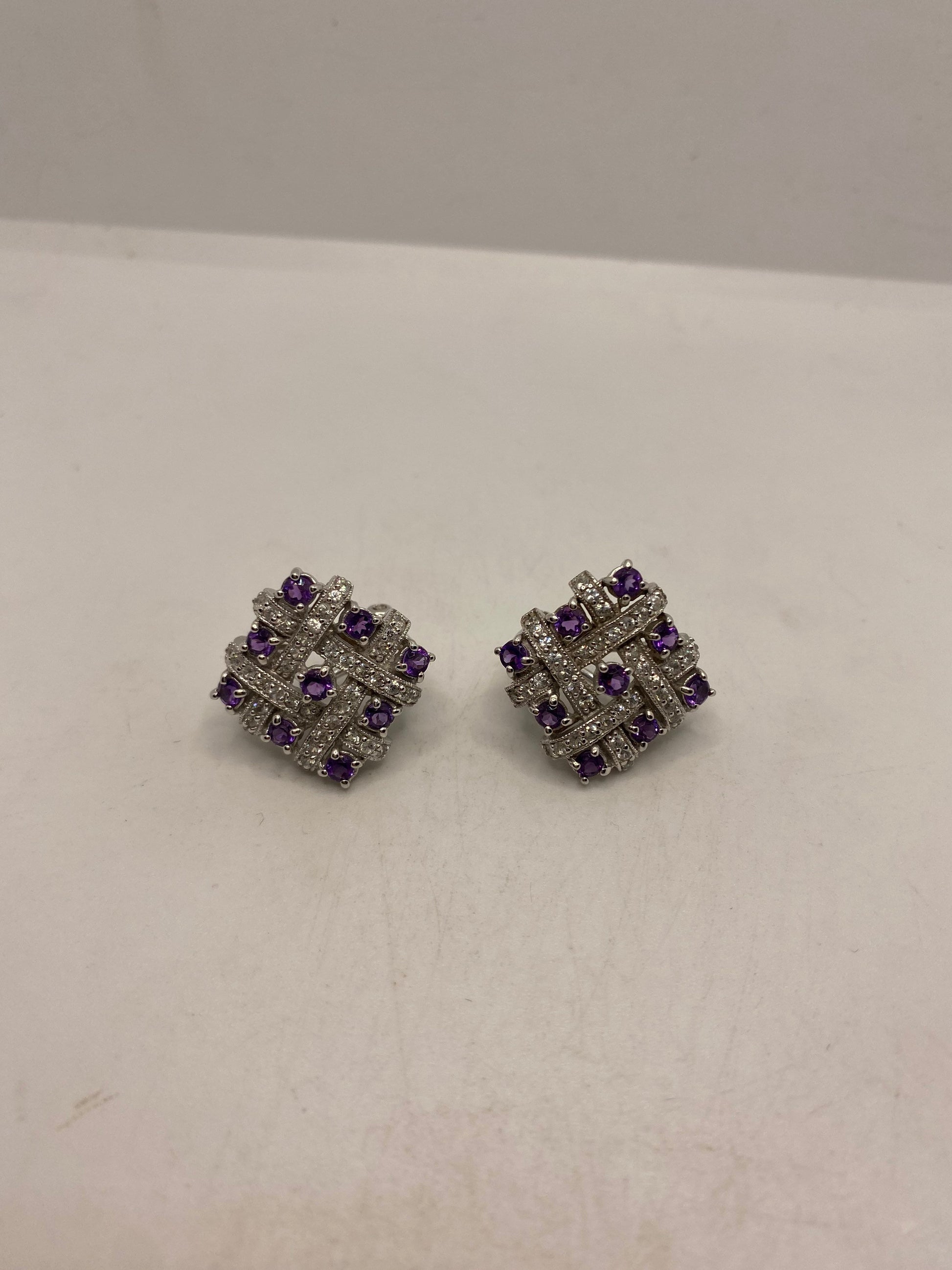 Vintage Amethyst Earrings 925 Sterling Silver Deco Button